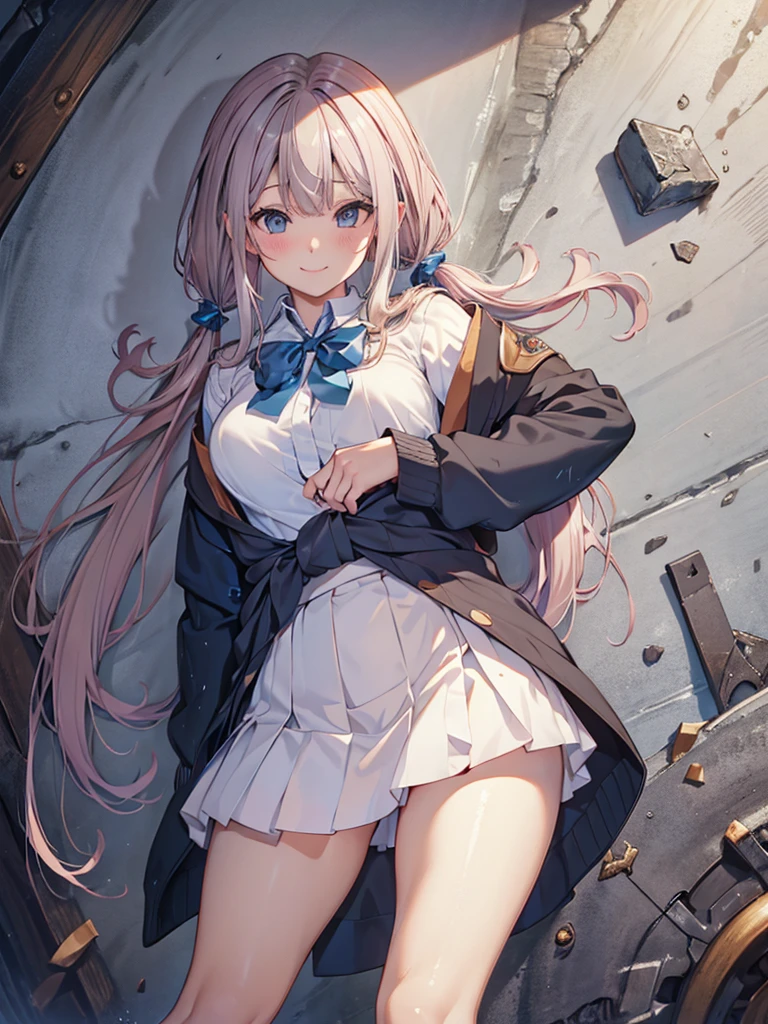 (NSFW), Masterpiece, Highest Quality, Official Art, (Highly Detailed CG Unity 8k Wallpaper), Detailed Background, (The Hands of Guido Daniele: 1.1),cowboy shot, 1, An Attractive and Perfect Beautiful Woman, Female Student, JK, Female Student Uniform, Wet Day, Lots of Rain, The Wind is Strong, (Curvaceous), (White Thighs: 1.12), (blue Long Hair: 1.12), (Ahoge: 1.13), (low twin tail hair: 1.12), light smile ,panty shot,
