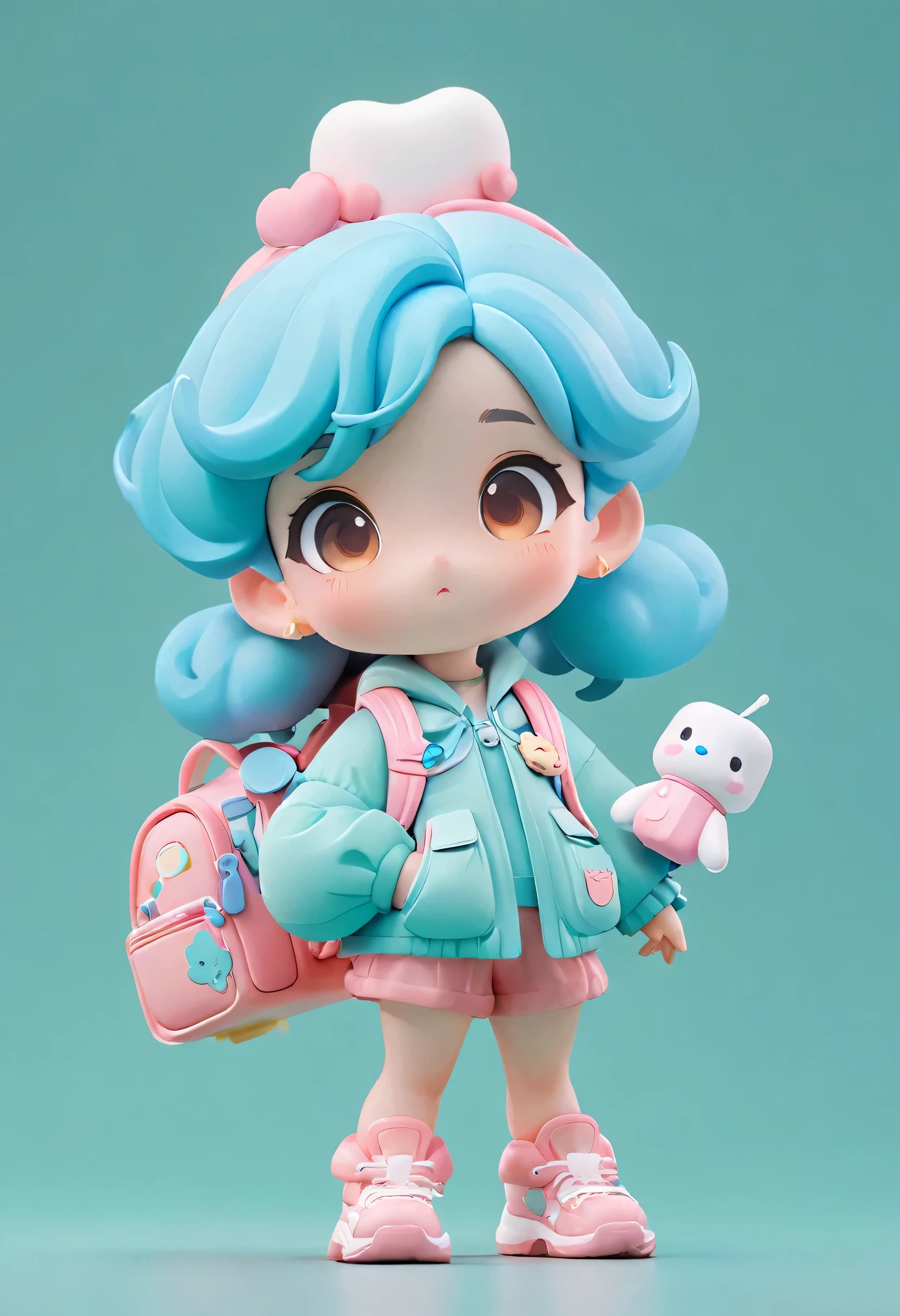 A cute cartoon little girl，child，Carrying an inflatable backpack，Marshmallow in hand，Look at the camera and stand naturally and plumply，Clean and simple design，IP blind box image，High-end natural color matching，Bright，Cute and colorful，