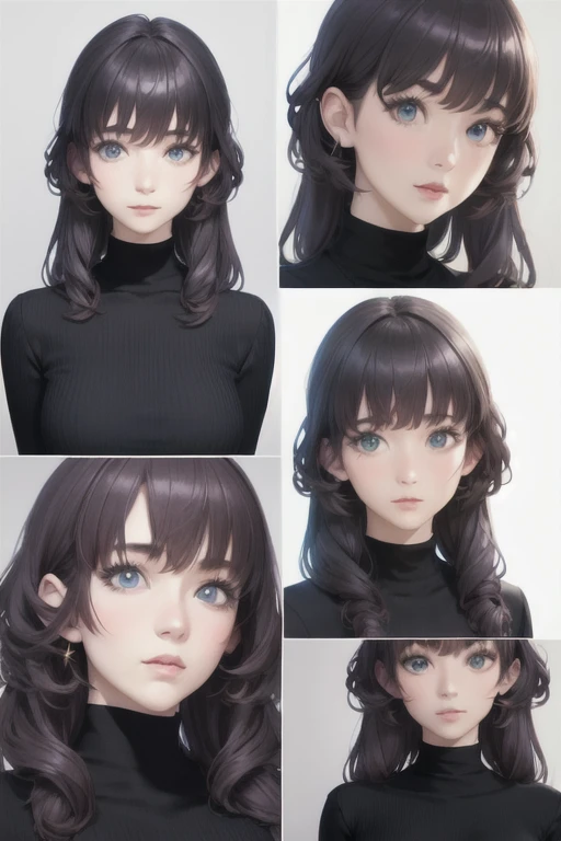 girl,Character design sheet,Beautiful attention to detail,Beautiful lip detail,Very detailed目と顔,Long eyelashes,Realistic,photoRealistic:1.37,Very detailed,Professional,Vibrant colors,Portraiture,Studio Lighting,Sharp focus,Physically Based Rendering,High resolution,超High resolution. blue eyes,Big eyes， Long Hair，Curly hair、Black Hair，Red cheeks，Droopy eyes，slender，Long sleeves，black turtleneck，pants，