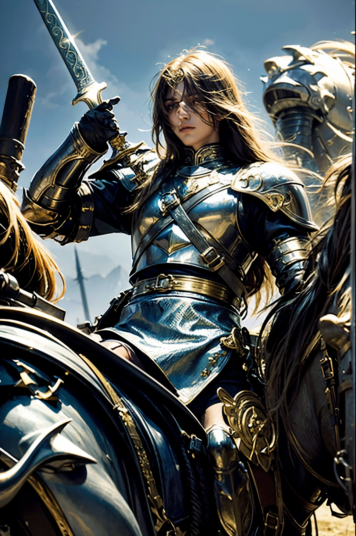 The young man, The knight of sword, warrior armor outfit, long golden hair, holding a knight sword in his hand, Riding on a white horse in battlefield, he charged into the enemy army, His eyes were filled with determination, optimistic, adventurous, cinematic lighting, dramatic skies, detailed facial features, detailed clothing, depth of field, photorealistic, highly detailed, 8k, masterpiece