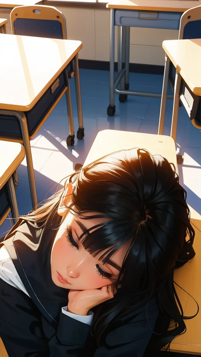 School classroom,Sleeping at a desk,beautiful girl,Distant View,Top view, UHD Portrait, (high quality) (Super detailed) ,Female High School Students,uniform, colorful, Long hair in color 🌈
