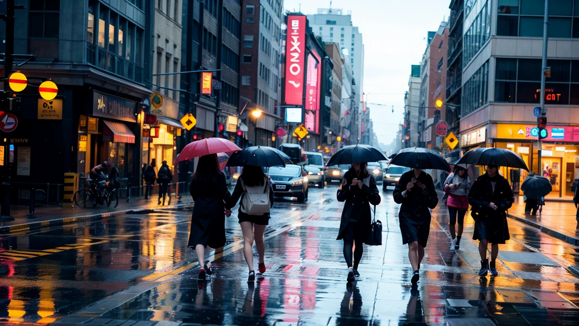 8k、Tabletop、RAW Photos、Highest quality、Real、非常に詳細なCG Unity 8k壁紙、Depth of written border、Cinematic Light、Lens flare、Ray Tracing、Rainy street corner、(((People walk on the sidewalk)))、The car is driving on the road、(((People are holding umbrellas)))、The road is2lane、(((The sign is in English)))