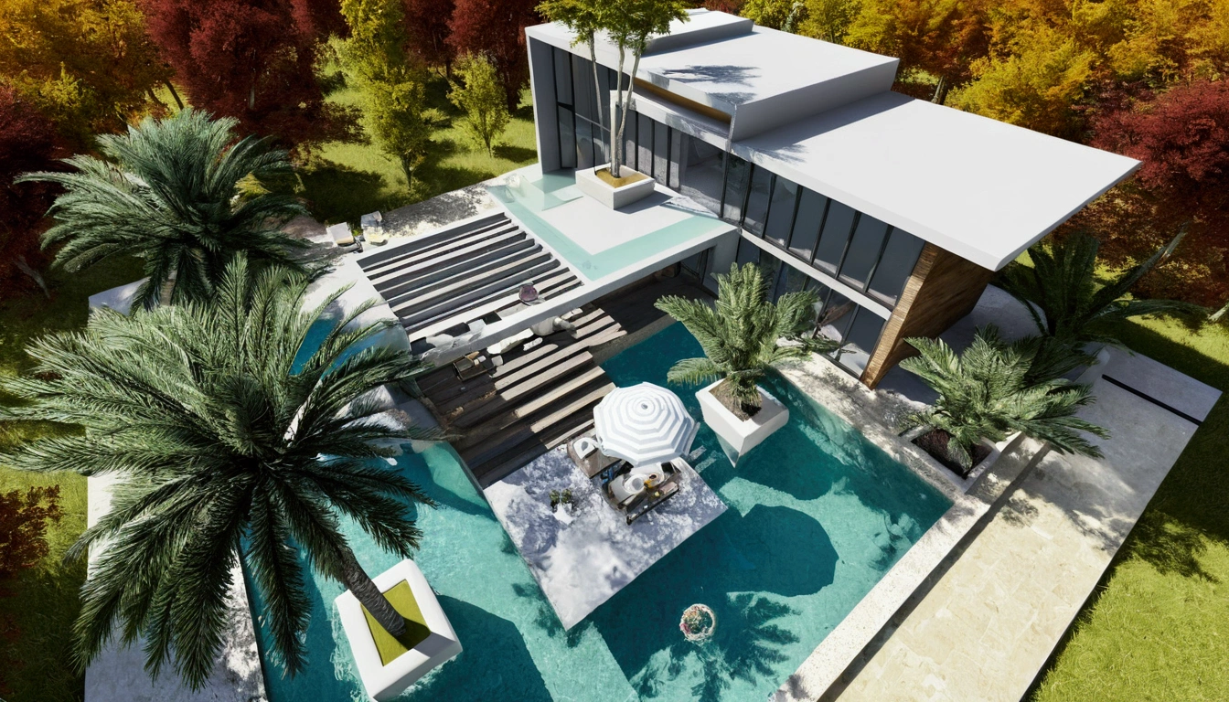 une vue d'une maison avec une piscine et un patio avec une table et des chaises, grande résidence moderne, maison conceptuelle, conceptuel le rendu, conceptuel, 3d le rendu, 3 d le rendu, dans le style du rendu 3D, rendus 3D, chef-d'œuvre œuvre d'art, rendu architectural 3D, le rendu, rendu architectural, notion réaliste, visualisation architecturale, vue ci-dessus, rendu final