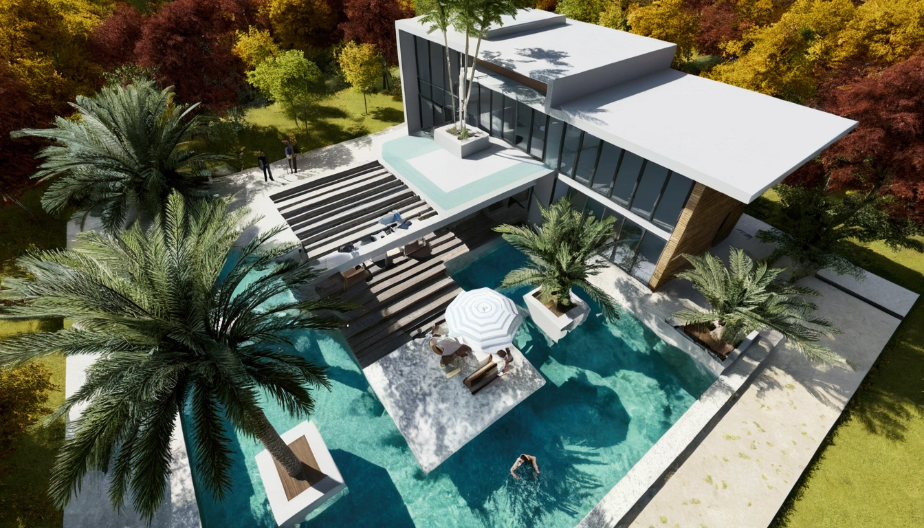 une vue d'une maison avec une piscine et un patio avec une table et des chaises, grande résidence moderne, maison conceptuelle, conceptuel le rendu, conceptuel, 3d le rendu, 3 d le rendu, dans le style du rendu 3D, rendus 3D, chef-d'œuvre œuvre d'art, rendu architectural 3D, le rendu, rendu architectural, notion réaliste, visualisation architecturale, vue ci-dessus, rendu final