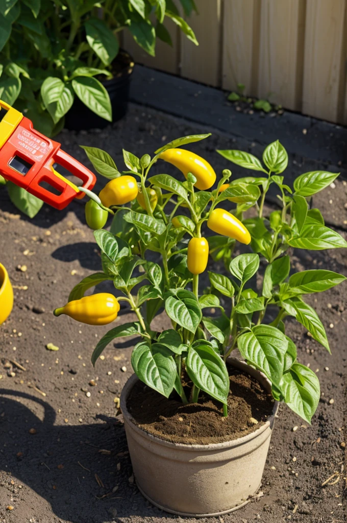 Energy through photosynthesis of the yellow pepper plant, in a plastic bottle pot being measured with a multimeter
