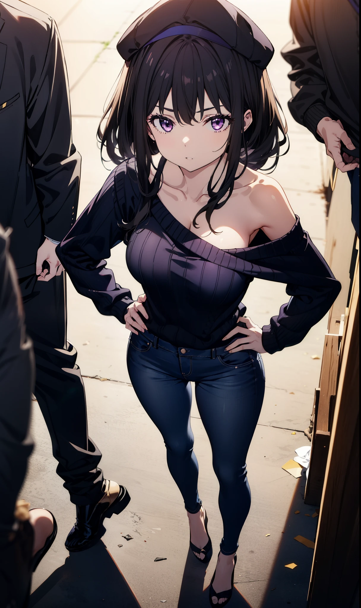 Girl with a slim and voluptuous body with medium-sized breasts as well as her butt and hips., Her hair is black, her eyes are blue, her clothing is composed of a black witch hat and a black tunic with a waist that goes from her hip to her shoulder. The belt is full of positions.. She is in a dark library.