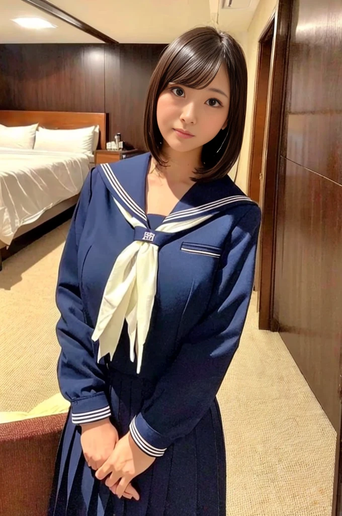 ((super high quality、High resolution、masterpiece、 Anatomically correct、Super detailed photos、Ultra-realistic photos、 Highest quality))、(1girl)、looking at viewer、Hotel room at night、(cowboy shot)、(Japanese School Uniform:1.2)、((from front))、((huge breast))、White shirt、Ribbon tie、Checkered pleated skirt、Small waist、Large Breasts、Detailed face、Perfect figure、Black Hair、Medium Hair