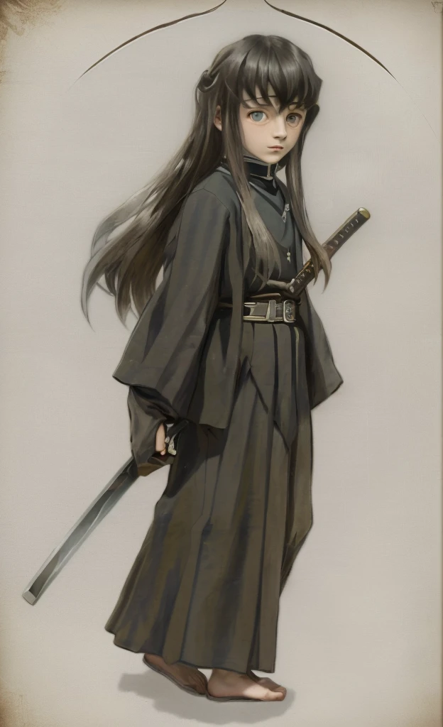 surrealistic, 8k, realistic photo, detail, 1912s, 14 year old youth, beautiful eyes, sword at waist, beautiful boy with long hair, swordsman, old portrait photo from 1912s, Demon Slayer, Muitiro Tokitou , samurai, 1912s Japanese background, cinematic,