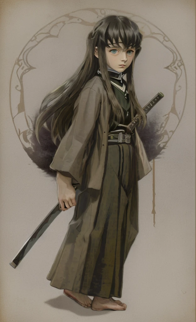 surrealistic, 8k, realistic photo, detail, 1912s, 14 year old youth, beautiful eyes, sword at waist, beautiful boy with long hair, swordsman, old portrait photo from 1912s, Demon Slayer, Muitiro Tokitou , samurai, 1912s Japanese background, cinematic,