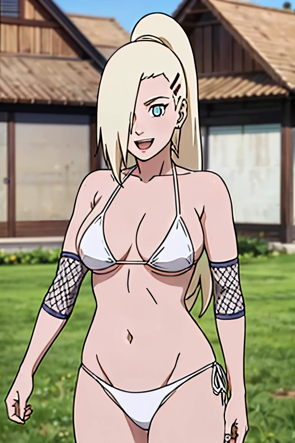 (White bikini:1.5), Ino yamanaka, ultra details, ultra detailed hair, looking at the viewer, gorgeous, attractive, groin, cowboy shot, ultra detailed face, (ultra detailed body:1.7), sunny day, day time, shiny skin, upper body view, anime style, solo, detailed flower field, blonde, (focus on breasts), ((one eye covered with hair, hair over eye, ponytail)), (medium breasts), belly button, looking at the viewer, thick arms, (off-shoulders, wide shoulders, curving body), hidden eye, smile, open mouth, very happy, tall, hair clip, sharp look, sharp face, sharp eye, cold colors,