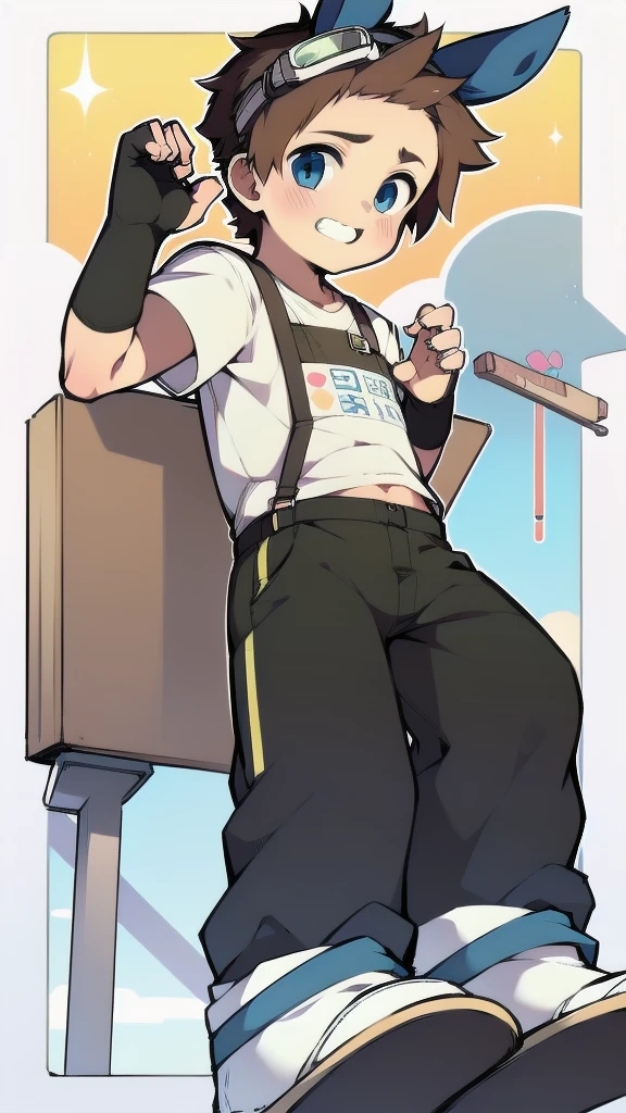 ((A boy)),(Youthful feeling),Bib sweatpants,Goggles,Fingerless gloves,Cotton socks,Short sleeve,stand up,happy,Rabbit ears