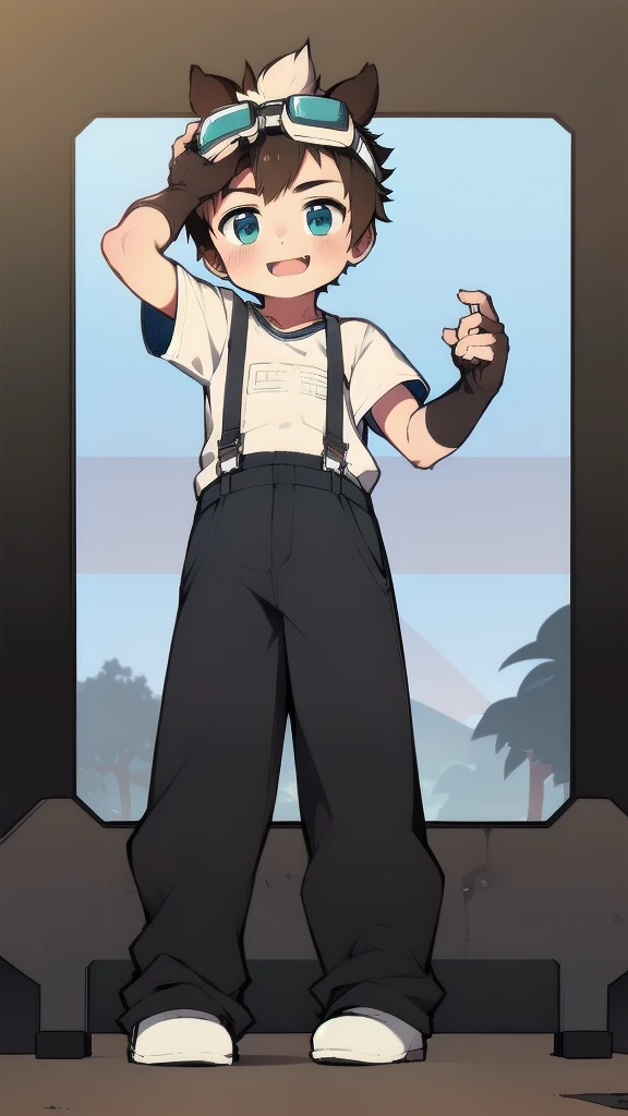 ((A young boy)),(Youthful feeling),Bib sweatpants,Goggles,Fingerless gloves,Cotton socks,Short sleeve,stand up,happy,Rabbit ears