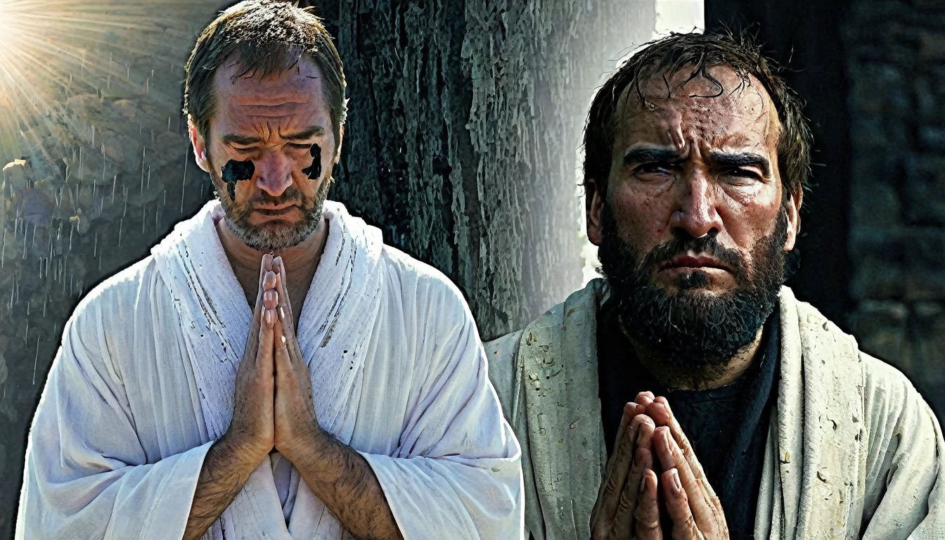    Central Image:



Paul in two moments: Stalker: Severe expression, dark clothes, frown, holding stones/swords (symbolizing persecution).

Apostle: Serene face, white/clear robes, hands in prayer position, divine light around (symbolizing faith). Close up in Paul: Tears in the eyes, representing repentance and conversion. Stylized illustration: conveying the timelessness of history. Additional Elements: Rays of light (divine revelation). Scenes: Paul falling off his horse on the road to Damascus (conversion).
Color Combinations: Vibrant colors: Yellow, orange and blue to catch the eye and convey Paul's epic journey.