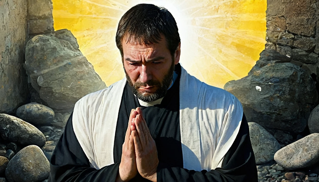 Central Image:
Paul in two moments: Stalker: Severe expression, dark clothes, frown, holding stones/swords (symbolizing persecution).
Apostle: Serene face, white/clear robes, hands in prayer position, divine light around (symbolizing faith). Close up in Paul: Tears in the eyes, representing repentance and conversion. Stylized illustration: conveying the timelessness of history. Additional Elements: Rays of light (divine revelation). Scenes: Paul falling off his horse on the road to Damascus (conversion).
Color Combinations: Vibrant colors: Yellow, orange and blue to catch the eye and convey Paul's epic journey.