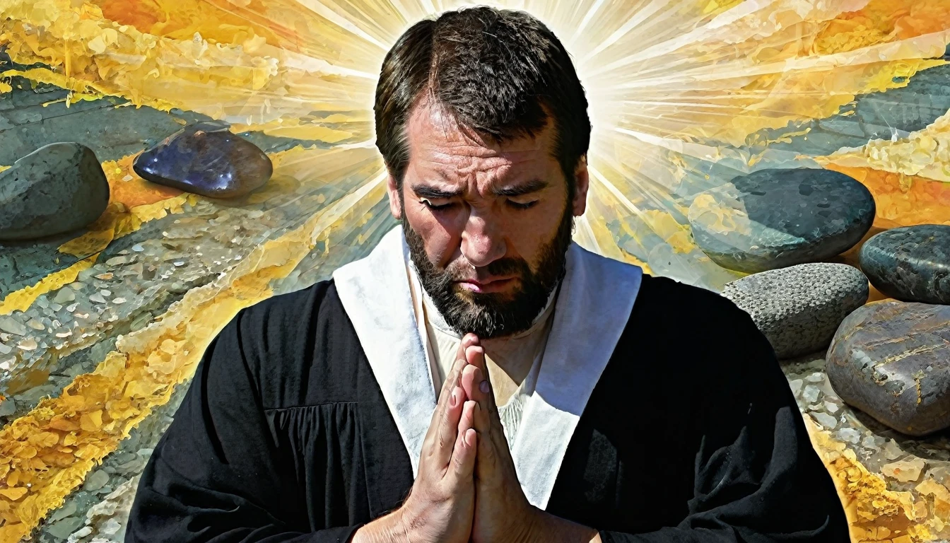 Central Image:
Paul in two moments: Stalker: Severe expression, dark clothes, frown, holding stones/swords (symbolizing persecution).
Apostle: Serene face, white/clear robes, hands in prayer position, divine light around (symbolizing faith). Close up in Paul: Tears in the eyes, representing repentance and conversion. Stylized illustration: conveying the timelessness of history. Additional Elements: Rays of light (divine revelation). Scenes: Paul falling off his horse on the road to Damascus (conversion).
Color Combinations: Vibrant colors: Yellow, orange and blue to catch the eye and convey Paul's epic journey.