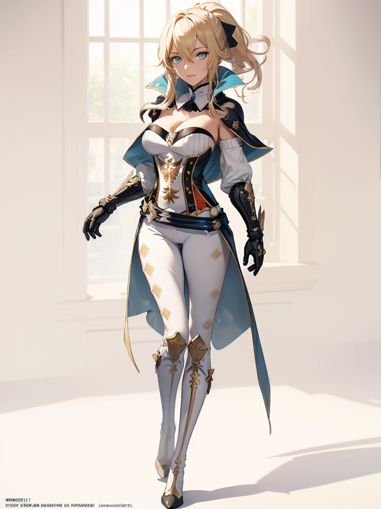 ((1girl, solo)), jean (genshin impact), full body, standing, beautiful body, (perfect anatomy, perfect body, perfect hands, perfect legs), nice hands, natural proportions, sexy body, (large breasts:1.3) BREAK 

((extremely detailed face)), blue eyes, (beautiful detailed eyes:1.6), (realistic pupils, realistic iris:1), expressive eyes, ((looking at viewer)), (clear eyes:1.3), (hyperrealistic:1.2), (detailed skin texture:1.2), smooth skin, (blonde hair:1.5), long hair, ponytail, (detailed lips:1.2), (attractive lips:1.1), (glossy lips:1.1), (smile), perfect face, perfect eyes BREAK

jeanfavonian, ((strapless shirt)), (((white shirt))), ((cleavage)), ((blue capelet)), (elbow gloves), (((white pants))), (skin tight:1.5), belt, ((blue tailcoat)), knee-high boots, high heels, thigh gap BREAK

(masterpiece:1.5), anime-style, top quality, best quality, (beautiful and aesthetic:1.2), (ultra detail:1.5), Ultra-detailed depiction, Ultra-precise depiction, extremely detailed 8k illustration, high resolution, (highly detailed shading:1.2), (realistic lighting:1.4), perfect lighting, vibrant colors, dynamic tones, striking hues, 8k, absurd resolution, perfect shadows, hdr, UHD, ambient lighting, realistic, ultra-realistic, photo realistic, highly detailed, rich detail, luminous colors, fine texture, intricate design, professional illustration, (soft light:1.2), (illustration:0.7)