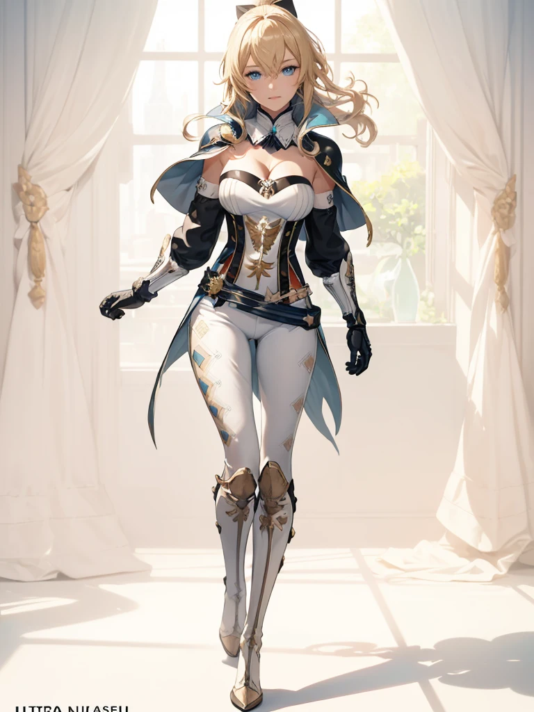 ((1girl, solo)), jean (genshin impact), full body, standing, beautiful body, (perfect anatomy, perfect body, perfect hands, perfect legs), nice hands, natural proportions, sexy body, (large breasts:1.3) BREAK
((extremely detailed face)), blue eyes, (beautiful detailed eyes:1.6), (realistic pupils, realistic iris:1), expressive eyes, ((looking at viewer)), (clear eyes:1.3), (hyperrealistic:1.2), (detailed skin texture:1.2), smooth skin, (blonde hair:1.5), long hair, ponytail, (detailed lips:1.2), (attractive lips:1.1), (glossy lips:1.1), (smile), perfect face, perfect eyes BREAK
jeanfavonian, ((strapless shirt)), (((white shirt))), ((cleavage)), ((blue capelet)), (elbow gloves), (((white pants))), (skin tight:1.5), belt, ((blue tailcoat)), knee-high boots, high heels, thigh gap BREAK
(masterpiece:1.5), anime-style, top quality, best quality, (beautiful and aesthetic:1.2), (ultra detail:1.5), Ultra-detailed depiction, Ultra-precise depiction, extremely detailed 8k illustration, high resolution, (highly detailed shading:1.2), (realistic lighting:1.4), perfect lighting, vibrant colors, dynamic tones, striking hues, 8k, absurd resolution, perfect shadows, hdr, UHD, ambient lighting, realistic, ultra-realistic, photo realistic, highly detailed, rich detail, luminous colors, fine texture, intricate design, professional illustration, (soft light:1.2), (illustration:0.7)