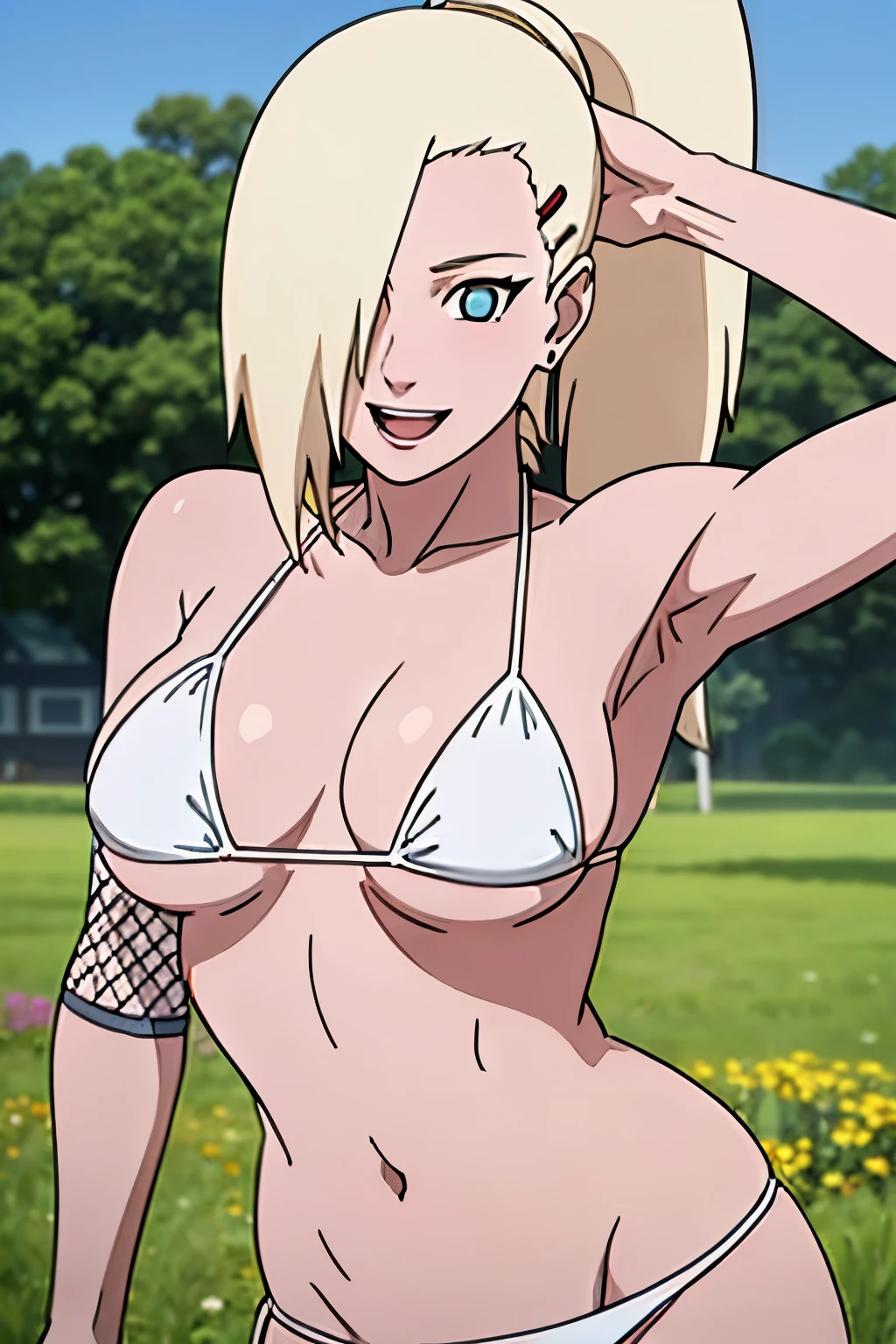 (White bikini:1.5), Ino yamanaka, ultra details, ultra detailed hair, looking at the viewer, gorgeous, attractive, groin, cowboy shot, ultra detailed face, (ultra detailed body:1.7), sunny day, day time, shiny skin, upper body view, anime style, solo, detailed flower field, blonde, (focus on breasts), ((one eye covered with hair, hair over eye, ponytail)), (medium breasts), belly button, looking at the viewer, thick arms, (off-shoulders, wide shoulders, curving body), hidden eye, smile, open mouth, very happy, tall, hair clip, sharp look, sharp face, sharp eye, cold colors,