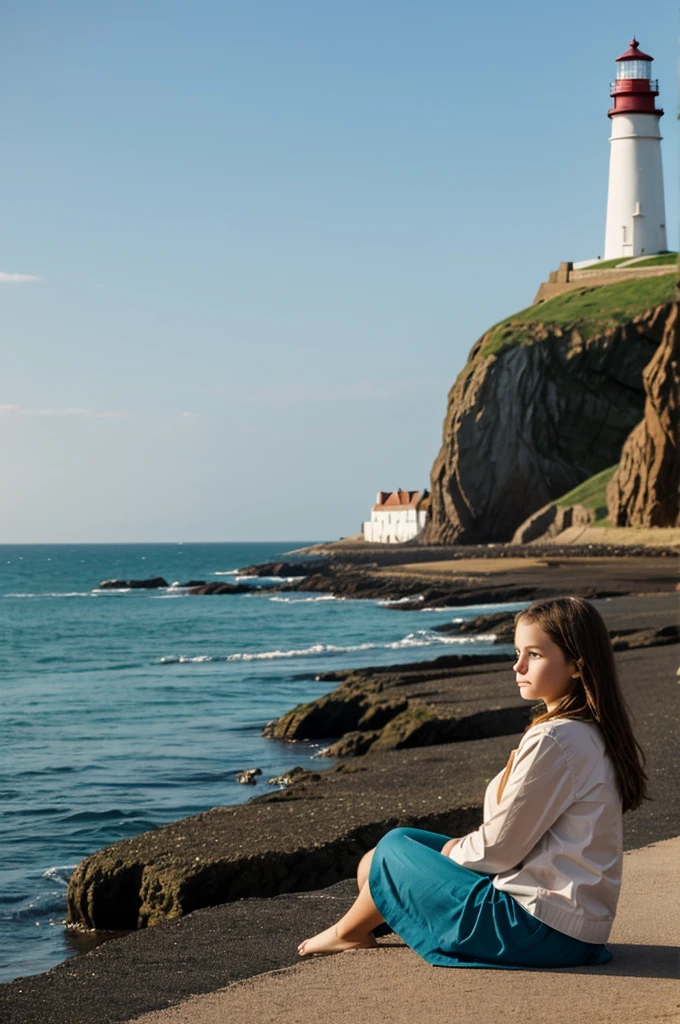 A girl sitting by the sea with a sad expression and in the distance you can see a lighthouse