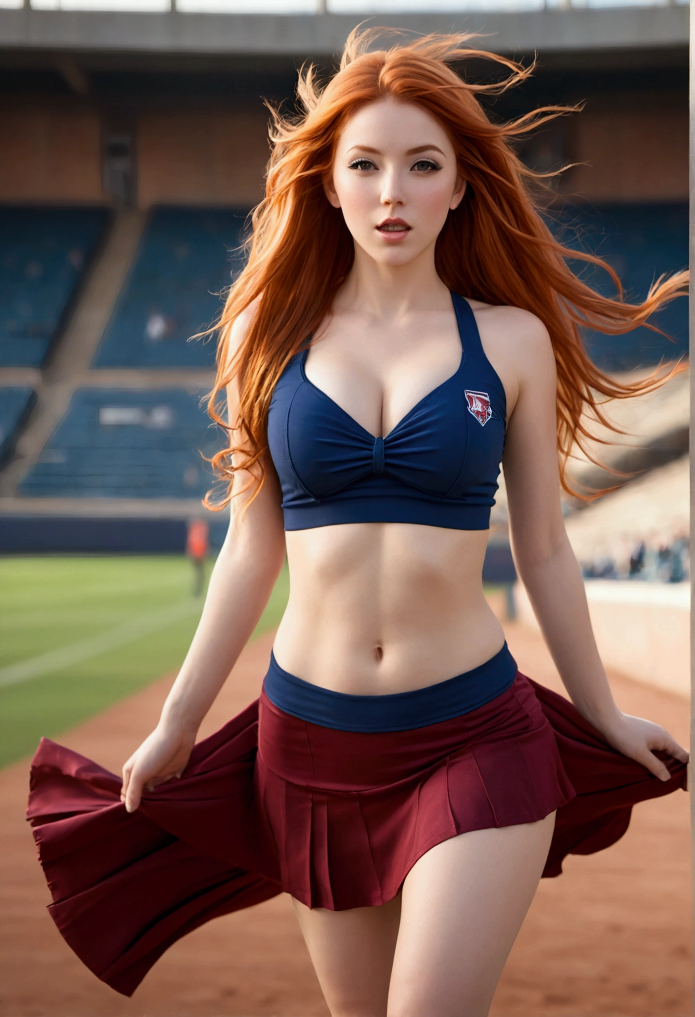 ultra realistic, photography, long red hair, girl, 24 years old, hourglass figure, perfect body, Flirty look, extremely detailed artgerm, in the style artgerm, small breasts, facing the camera, lens 35 mm, blur background, in a stadium, wearing a cheerleader outfit, windy, skirt gets blown up from below, wind under skirt, strong wind, skirt blows up with a strong wind, wind blows up skirt, hips swinging