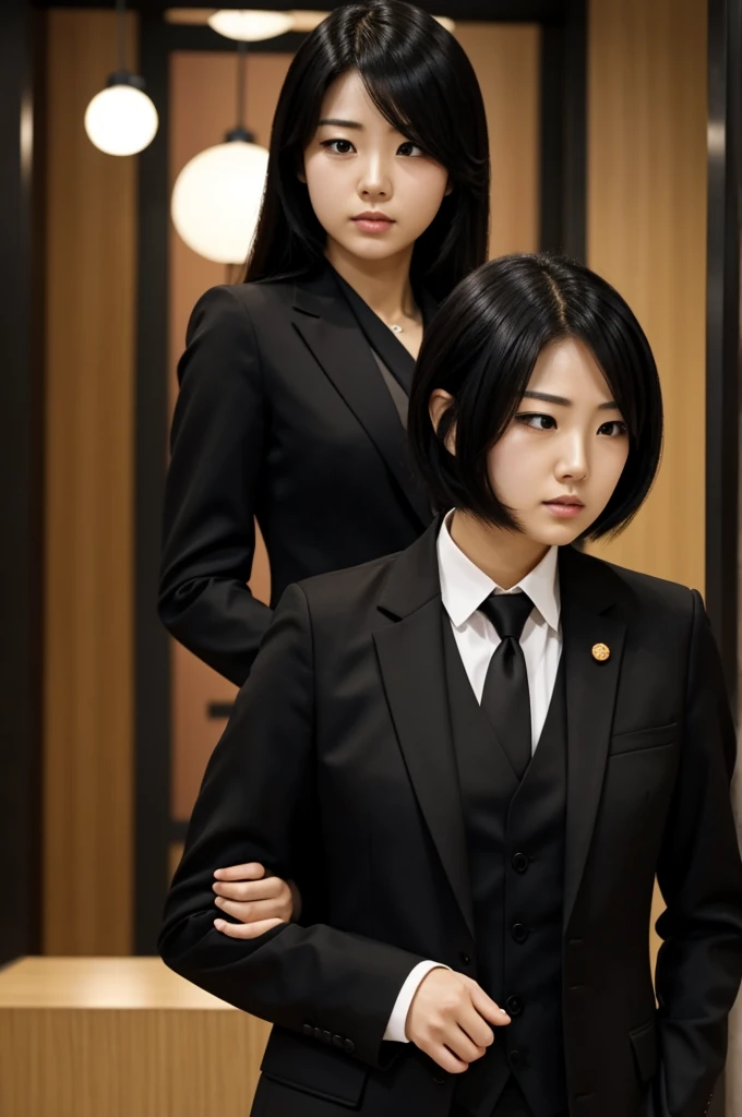 Yoriichi female version, wearing a black suit similar to Tokito's and a black samurai hat with a serious expression looking to the right, a strand covering half of his nose while he grabs his katana