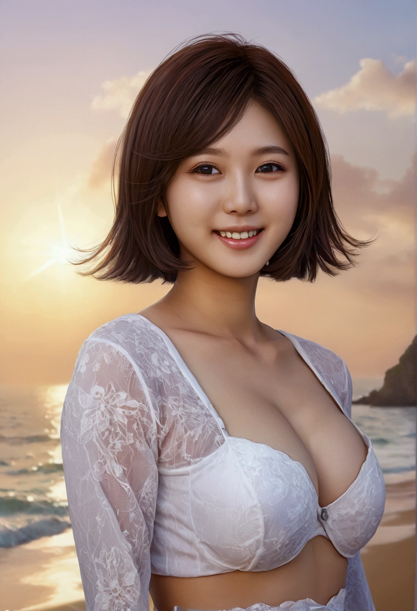 (Realistic, photo-Realistic:1.37), (masterpiece), (Highest quality:1.4), (Ultra-high resolution:1.2),(RAW Photos:1.2), (Sharp focus:1.3), (Face Focus:1.2), Vivid details, hyperRealistic, elegant,  In detail, Blake Beach, Japanese Idols, Completely naked，Pussy，Man juice is dripping，short hair, (Smile), (Huge breasts), (Glowing Skin:1.4), Are standing, (((From the side))),