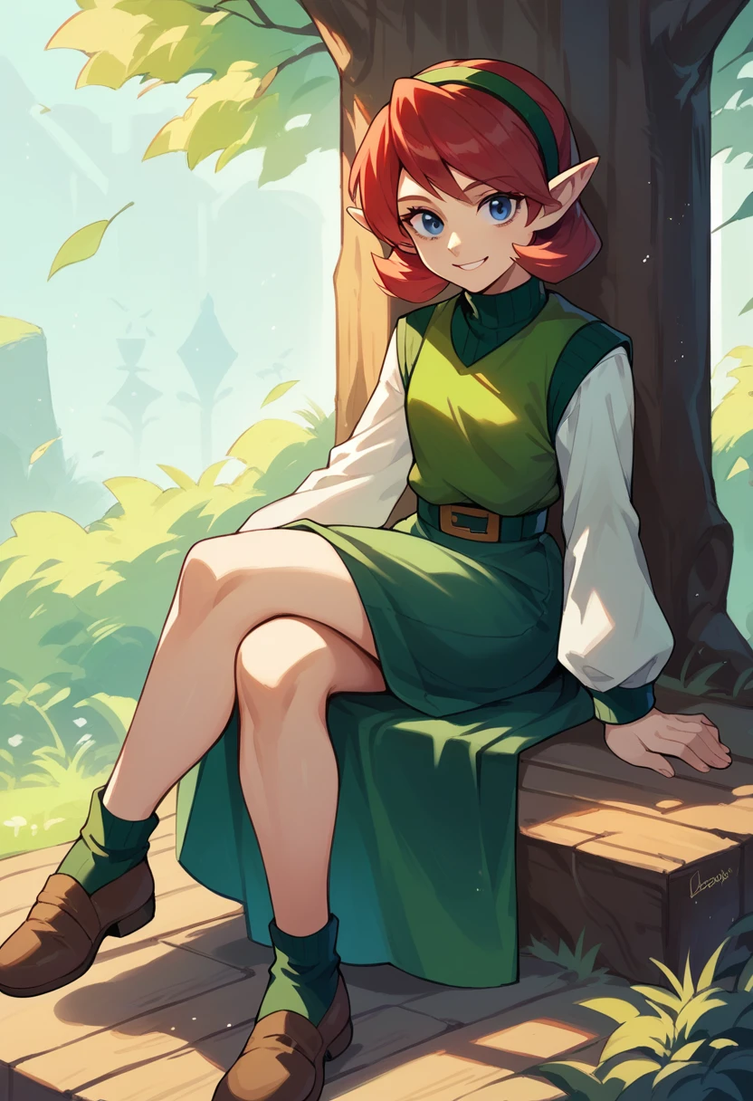 saria, sitting, crossed legs, wood, looking at viewer, smile, red hair, white sleeves, brown vest, blue long skirt, brown shoes