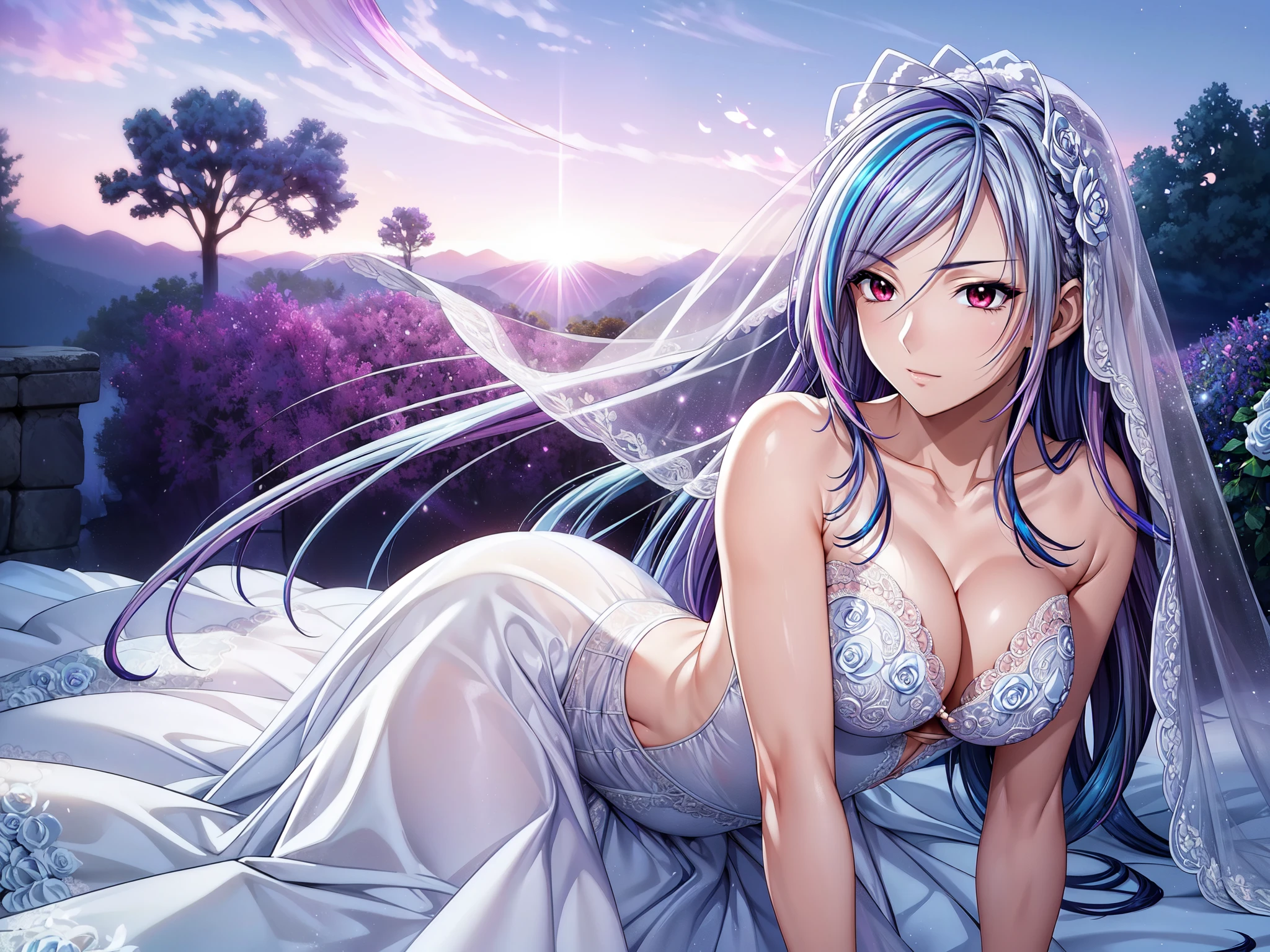 (masterpiece, best quality, beautiful and aesthetic:1.3), look back, side view, 1woman, solo, matured woman,  (Silver blue hair streaked purple:1.4), (Gradient sky blue hair ends:1.6), hair strand, absurdly long hair, single sidelock, wavy hair, shiny hair, floating hair, (deep red eyes), delicate eyes, aqua eyes, super high detailed eyes, long upper eyelashes, makeup, Focus on face, Very detailed facial, Perfect breasts, hot body, (Delicate skin texture:1.2), bridal veil, lace-trimmed dress, see-through, wedding dress, outdoors, white roses, garden, morning, standing, extreme detailed, 