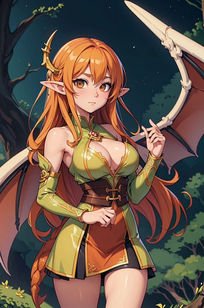 vintage anime elf girl with dragon wings, fantasy art style, extremely detailed artgerm, detailed digital anime art, anime fantasy illustration, beautiful character painting,  artgerm on artstation pixiv, 2. 5 d cgi anime fantasy artwork, orange long hair, medium breast, hazel eyes,  looking towards the viewer,  (best quality, top quality, ultra detailed, high-resolution, HDR, beautiful detailed, masterpiece, 2,5d)