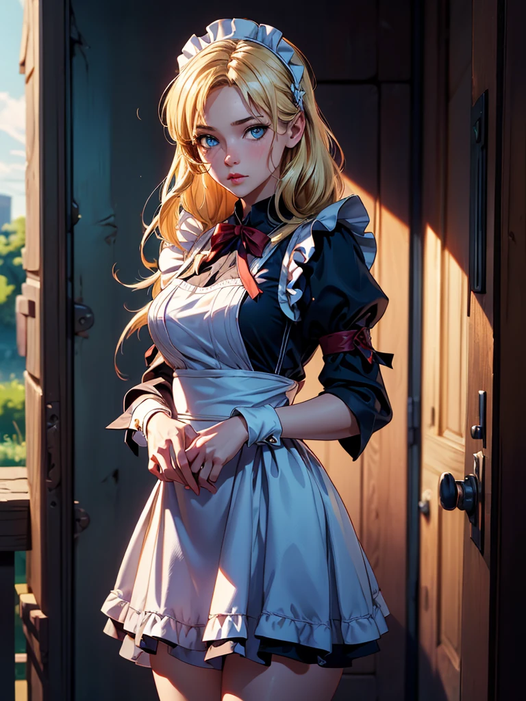 ((master part)), ((best quality)), ((highres)), ((detailed backgrounds)), ((extremely detailed CG unit 8k wallpaper)), standing alone, Shiona, blonde hair, long hair, blue colored eyes, tuft of hair, cowboy shot, plein-air, ((maid outfit)) sultry look, seductive,