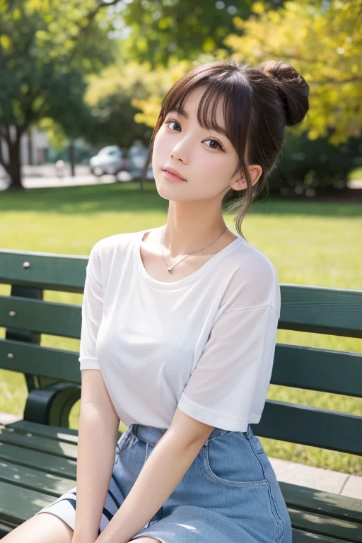 Produce the highest quality and highest resolution 8K images。Please draw the upper body of a 20 year old Japanese woman.。Please draw an image of someone sitting on a park bench looking up at the sky.。She has brown eyes and a model figure.、She has an idol-level cute face.。Her hair is in a bun.。Clothes、I&#39;m wearing a short-sleeved shirt。The skin is、It is a natural skin color。