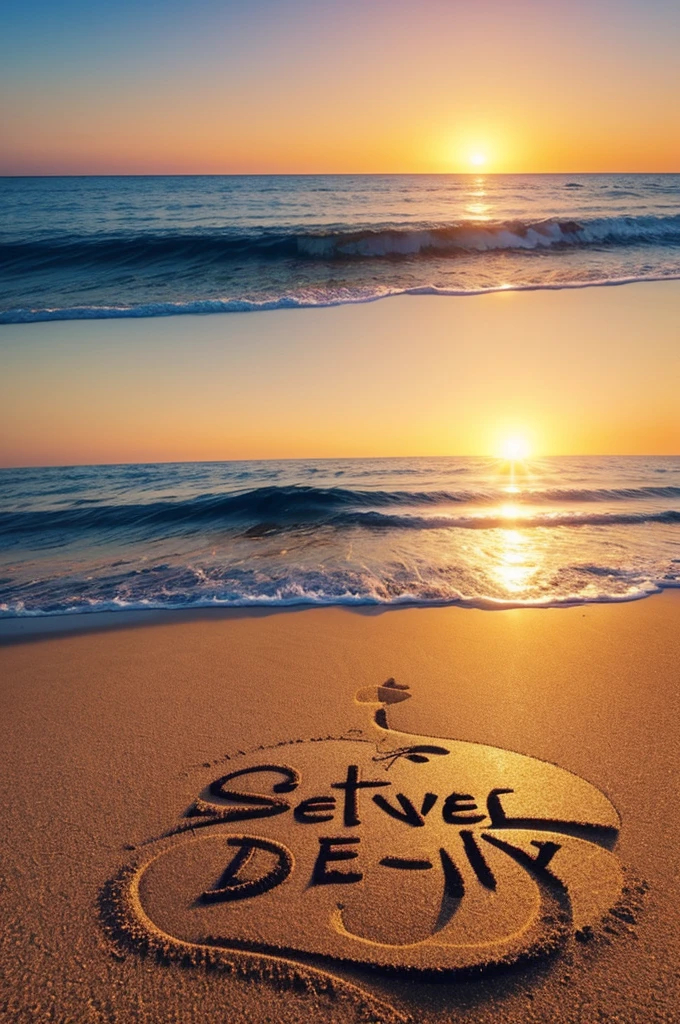 generate a typography 3D render with the words "A beautiful and better day from Jeanette" writen on the sand at the shore of a beautiful morning beach landscape, with the sun rising at the horizon on the ocean.