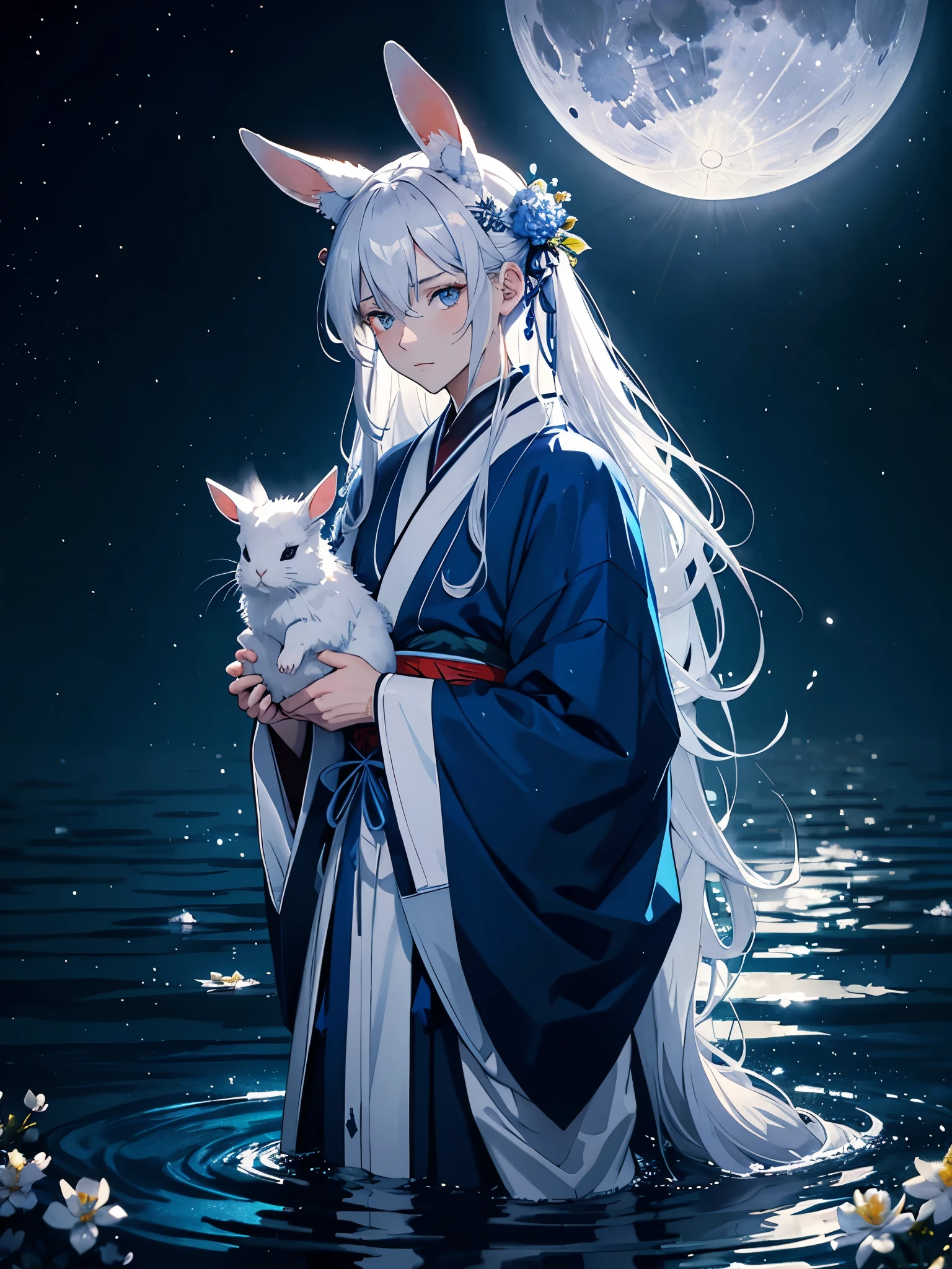 Holding a rabbit. Mehr anime. Göttlich. Magisch. Blaues licht. Kimono. Geweih. Lichter. Magisch. King of the moon. Long hair. long white hair. aquatic, boy, silver hair accessories, White hair, blue flowers. Blue lights. Vollmond. Geweih. Kimono