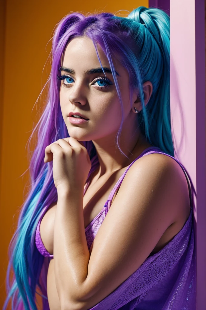 a girl with blue hair, blue eyebrows, purple eyes, with a metallic left arm in the Presidency of a country