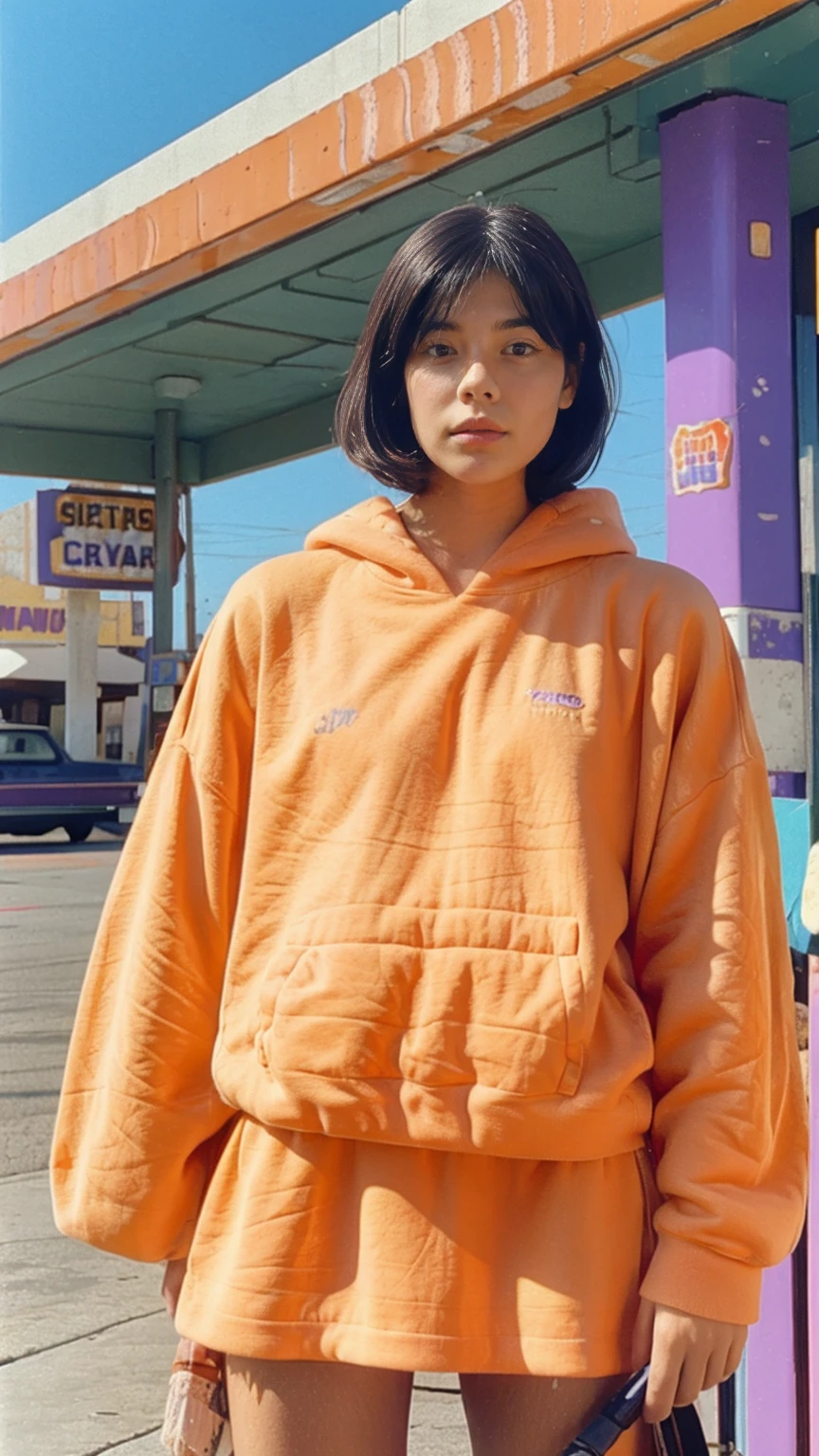 photo cinematic, photograph long shot portraits by Wes Anderson, cute 23 yo girl ,fokus, bokeh ,wear ((orange color oversized_hoodie)), wear ((purple tennis skirt)),looking front,Best Quality,Masterpiece,Ultra High Resolution,(Realisticity:1.4),Original Photo, 1Girl, light leak,ultra high resolution,UHD,beautiful, ((black bob straight hairstyle)), almond eye, no makeup, in front of ((80's colorful los angles gas station)), (realistic:1.2), (surreal:1.3), (very detailed:1.1), ((masterpiece)),summer, blue sky, palm trees,sunny, los angles vibes,film camera, 800mm lens,style of Philip Lorca diCorcia