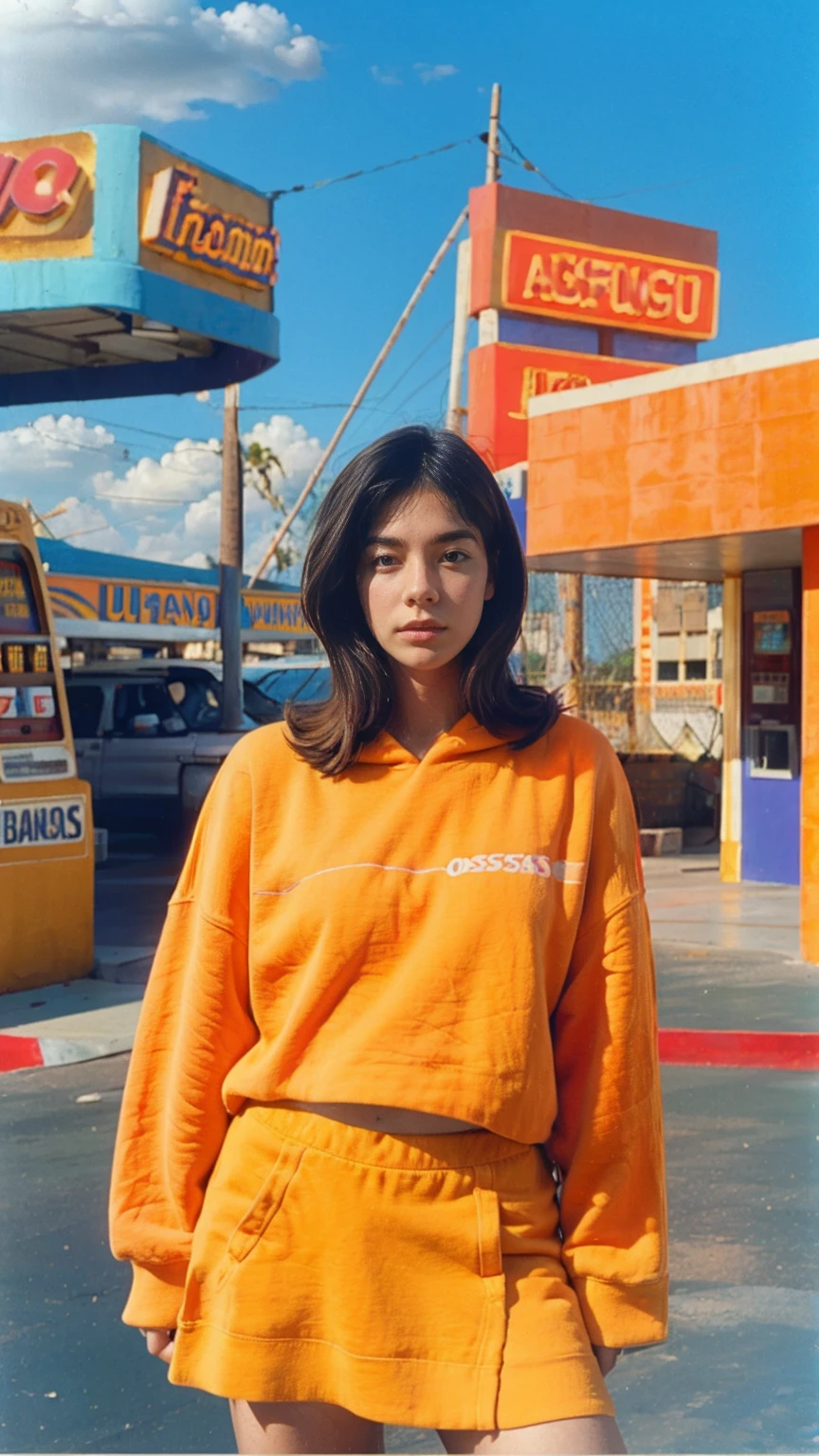 photo cinematic, photograph long shot portraits by Wes Anderson, cute 23 yo girl ,fokus, bokeh ,wear ((orange color oversized_hoodie)), wear ((purple tennis skirt)),looking front,Best Quality,Masterpiece,Ultra High Resolution,(Realisticity:1.4),Original Photo, 1Girl, light leak,ultra high resolution,UHD,beautiful, ((black bob straight hairstyle)), almond eye, no makeup, in front of ((80's colorful los angles gas station)), (realistic:1.2), (surreal:1.3), (very detailed:1.1), ((masterpiece)),summer, blue sky, palm trees,sunny, los angles vibes,film camera, 800mm lens,style of Philip Lorca diCorcia