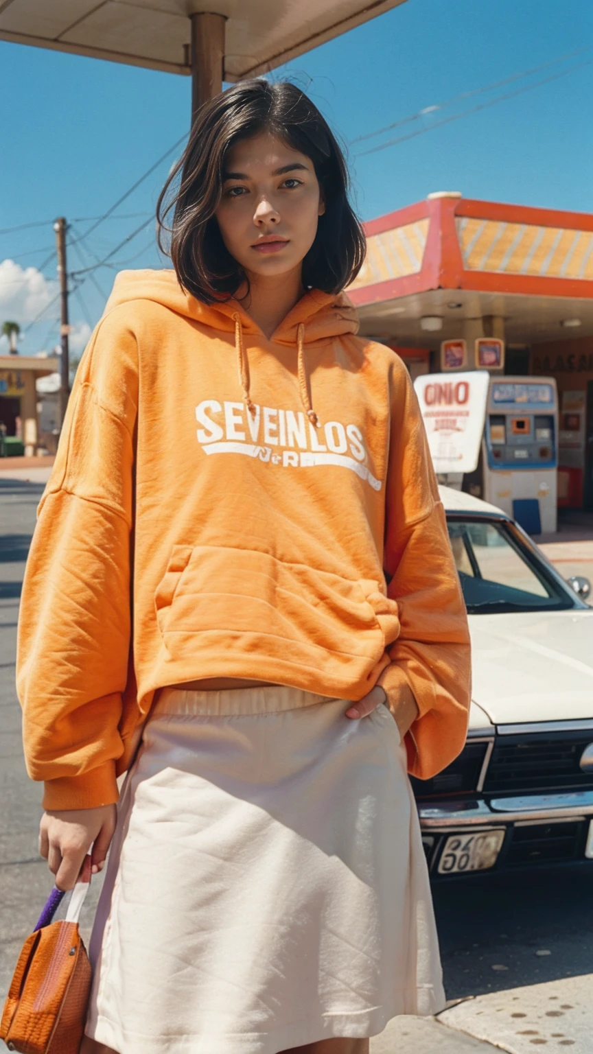 photo cinematic, photograph long shot portraits by Wes Anderson, cute 23 yo girl ,fokus, bokeh ,wear ((orange color oversized_hoodie)), wear ((purple tennis skirt)),looking front,Best Quality,Masterpiece,Ultra High Resolution,(Realisticity:1.4),Original Photo, 1Girl, light leak,ultra high resolution,UHD,beautiful, ((black bob straight hairstyle)), almond eye, no makeup, in front of ((80's colorful los angles gas station)), (realistic:1.2), (surreal:1.3), (very detailed:1.1), ((masterpiece)),summer, blue sky, palm trees,sunny, los angles vibes,film camera, 800mm lens,style of Philip Lorca diCorcia