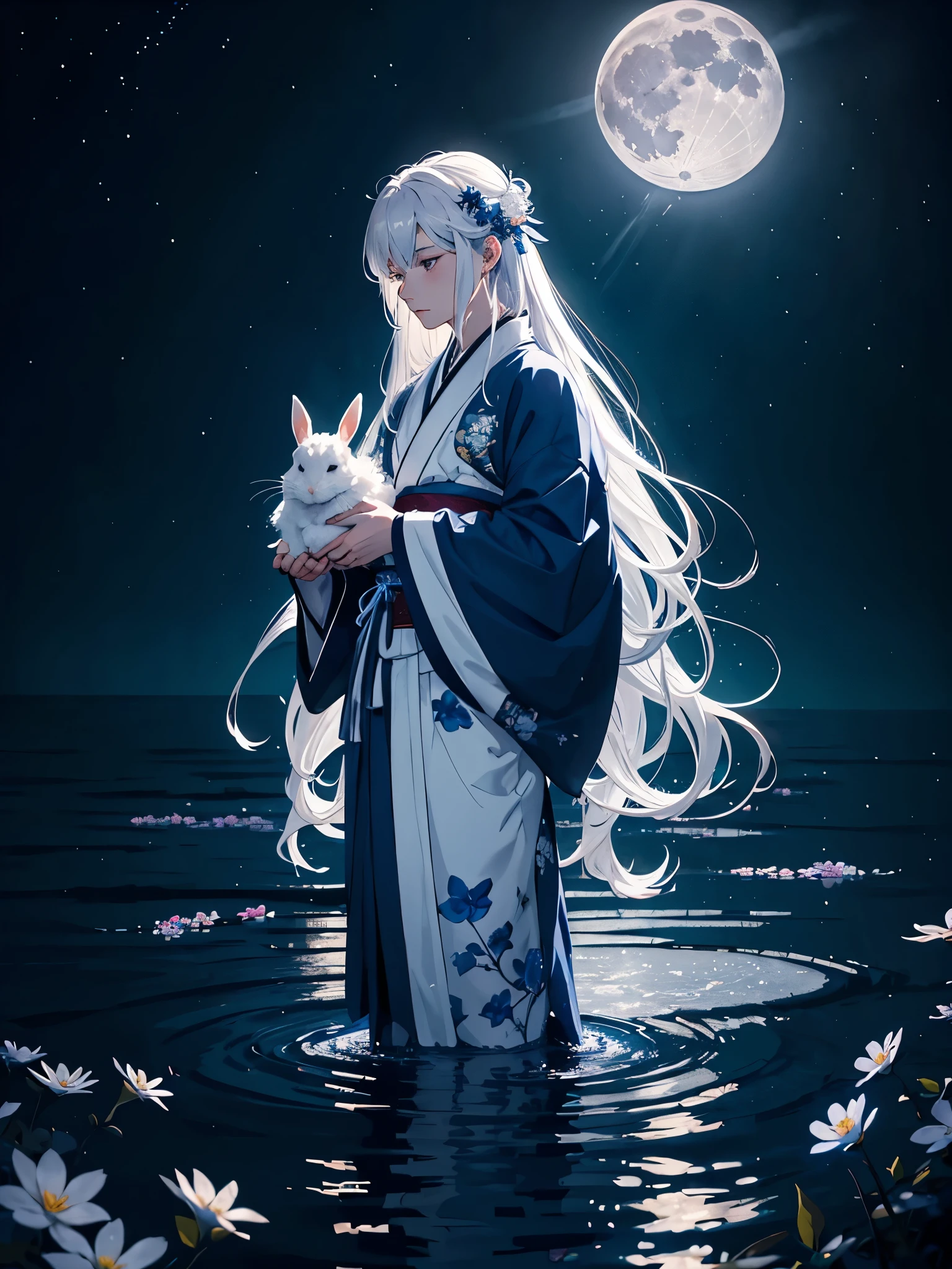 Holding a rabbit. Mehr anime. Göttlich. Magisch. Blaues licht. Kimono. Geweih. Lichter. Magisch. King of the moon. Long hair. long white hair. aquatic, boy,  silver hair accessories, White hair, blue flowers. Blue lights. Vollmond. Geweih. Kimono 