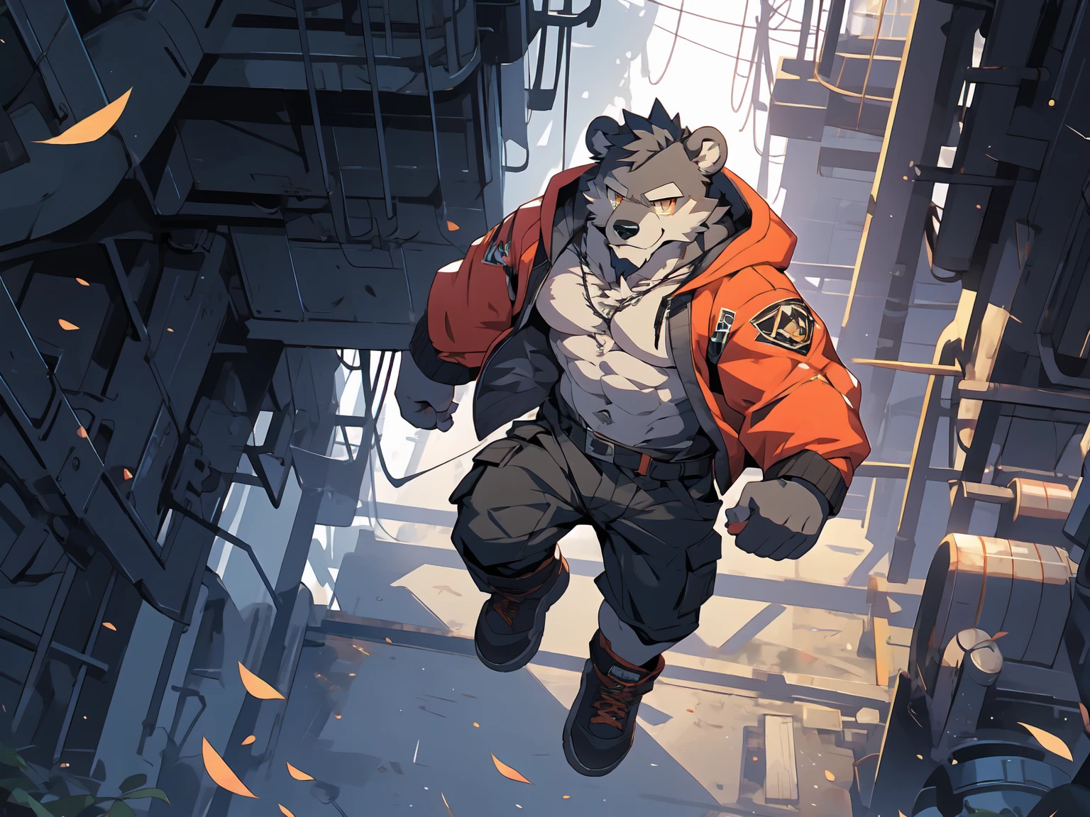 (masterpiece:1.2), best quality,pixiv,official art,perfect anatomy, (Ray tracing, light),solo, (1_male:1.3) , (muscle), (grey fur:1.4), (muscle bear),(abdominal muscles),(beard:1.2), (gleaming golden eyes), bear tail, full body, Thick black eyebrows, (open short hoodie), (naked inside),cargo shorts, black short boots, (windy), strong wind, strong breeze, white sundress, flying dandelion, zb spring, zhiyu, from above, floating in the air, leg up