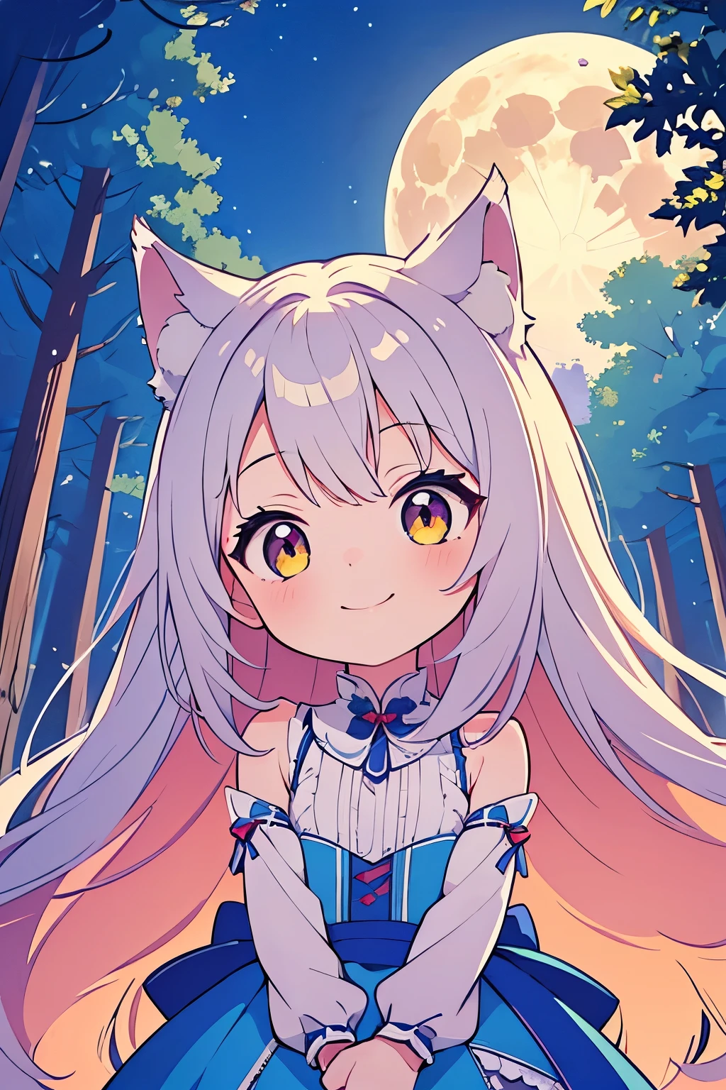 ((Highest quality)), ((masterpiece)), (detailed), Perfect Face, Perfect Arms, Perfect hands, Perfect Fingers, anime, Ultra-fine illustration, ((One girl)), chibi, Cute wolf girl, (Looking up at the full moon), howling, forest, Outdoor, (Smile:1.3), Cowboy Shot,