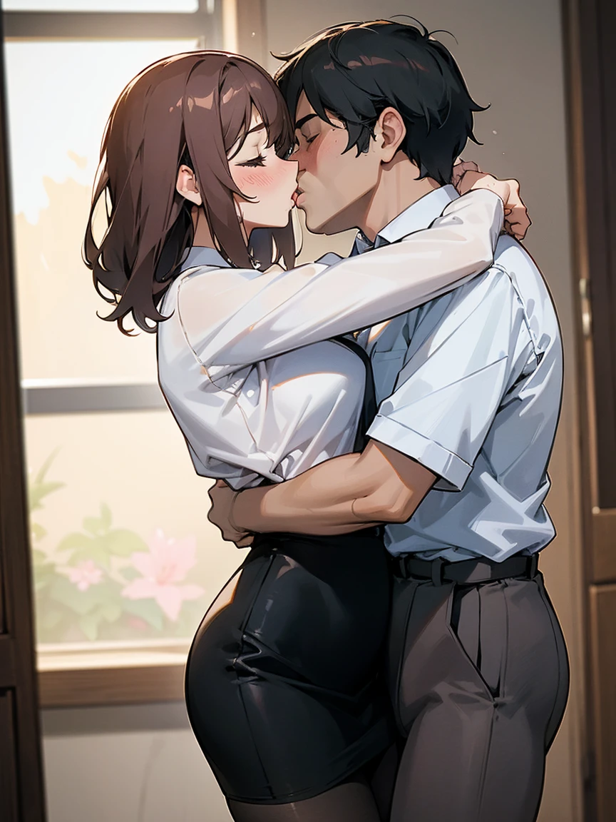 (One girl, One middle-aged man), pantyhose, pantyhose, White shirt, Pencil Skirt, blush, French kiss,, hug, Sensual body, close your eyes, office, Very detailed, High resolution, 4K, masterpiece, High resolution