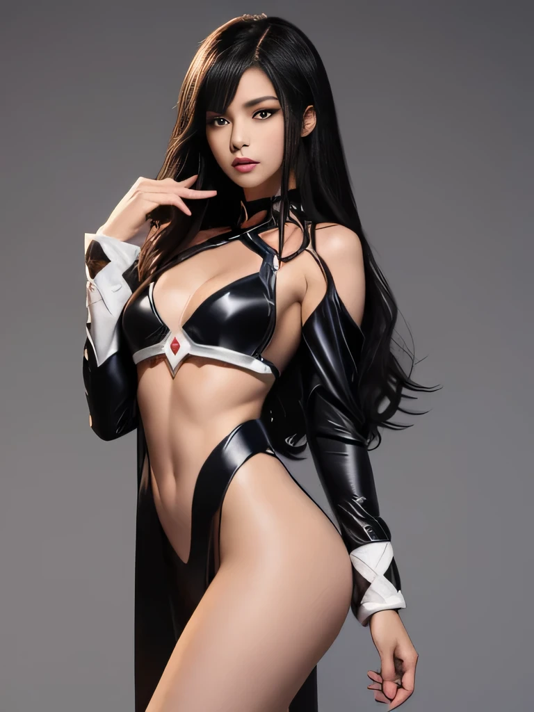 18 year old model in very revealing anime costume, wearing a short anime cosplay costume, Asian Fantasie costume, gorgeous women with long black hair, thin, slim body, athletic, small cup size, athletic body, abs, perfect face, European and Asian mix girl, dark colorful outfit, thigh gap, pale skin, very toned defined body, cute face soft lips, fighter costume with different colors