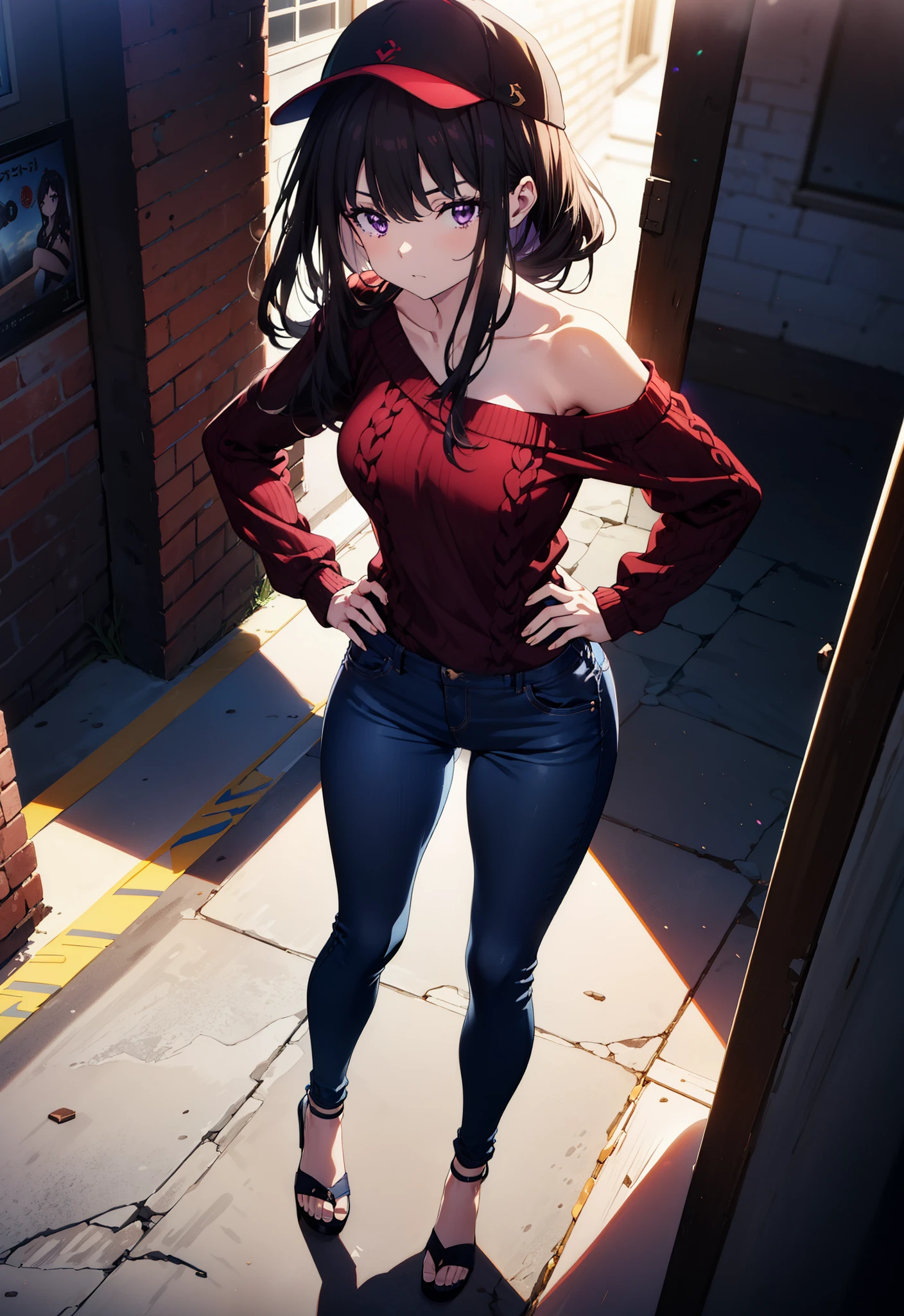 Takiuchikami, Long Hair, bangs, Black Hair, (Purple eyes:1.2),Baseball hats,Blue one-shoulder sweater,Skinny jeans,Stiletto heels,Place one hand on hip,Are standing,whole bodyがイラストに入るように,Daytime,
break outdoors, Building district,
break looking at viewer, whole body,
break (masterpiece:1.2), Highest quality, High resolution, unity 8k wallpaper, (figure:0.8), (Beautiful attention to detail:1.6), Highly detailed face, Perfect lighting, Highly detailed CG, (Perfect hands, Perfect Anatomy),