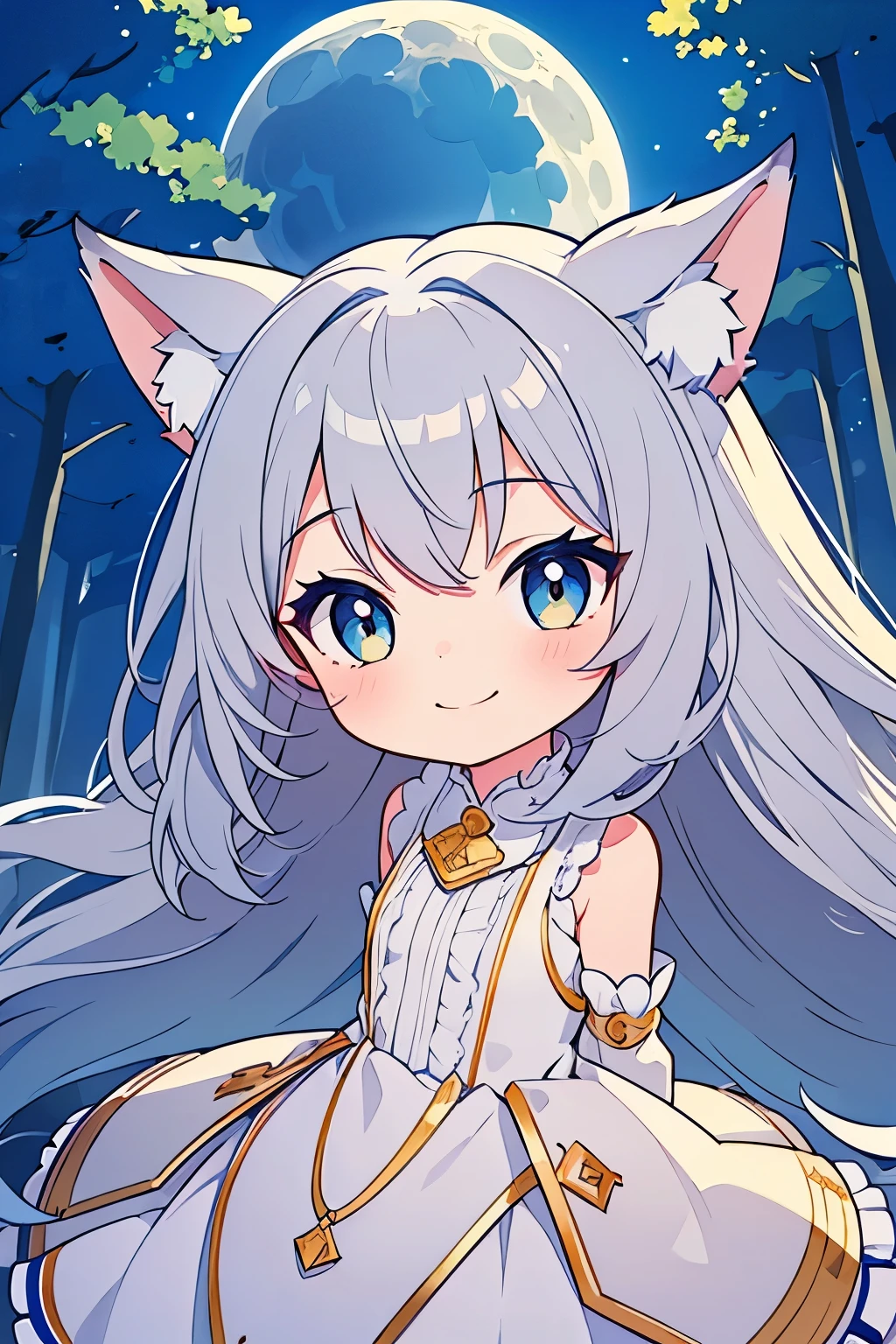 ((Highest quality)), ((masterpiece)), (detailed), Perfect Face, Perfect Arms, Perfect hands, Perfect Fingers, anime, Ultra-fine illustration, ((One girl)), chibi, Cute wolf girl, Grey Hair, Gold, (Arms at your sides), night, moon, (look up), forest, Outdoor, (Smile:1.3), Cowboy Shot,