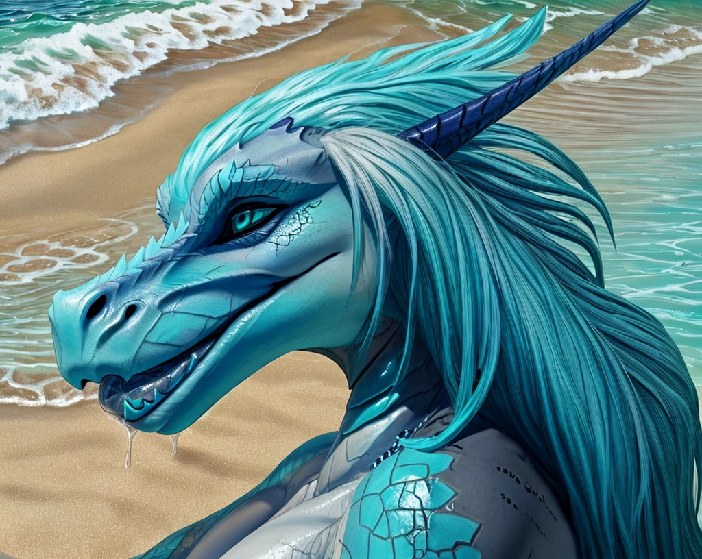 an extremely talented impressionist painting of mature AurothDOTA wyvern lying on beach, lying on side, cyan water, clear water, see-through water, tropic island background, ocean, wet, masterpiece, best quality, ultra-high-detailed, feral, female, anthro, detailed scales, slim body, athletic, curvy, light blue mane, uploaded on e621, nsfw, questionable content, scalie, wings, tail, wyvern, solo, open mouth, sharp teeth, saliva dripping, saliva string in mouth, penis lying on tongue, small male big female, big penis, licking penis, (((penis on tongue))), human male, deepthroat, drowning in semen, excessive cum in mouth, swallowing cum, throat bulge, cum overflow