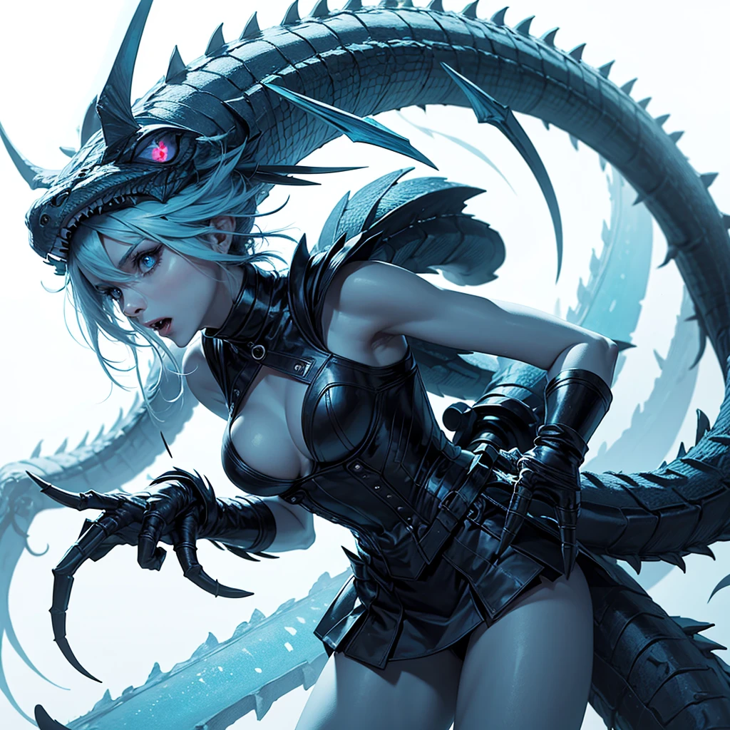 wild half lizard human girl with a robust and slim body with a long whip tail and long sharp rock-shaped dorsal plates with short light blue hair with 2 electric blue glowing crocodile eyes and a monstrous mouth full of sharp teeth, with 2 arms with 4-fingered hands with claws and 2 muscular legs with 3-fingered feet and claws, black bioluminescent skin with electric blue lightning-shaped cracks all over the body