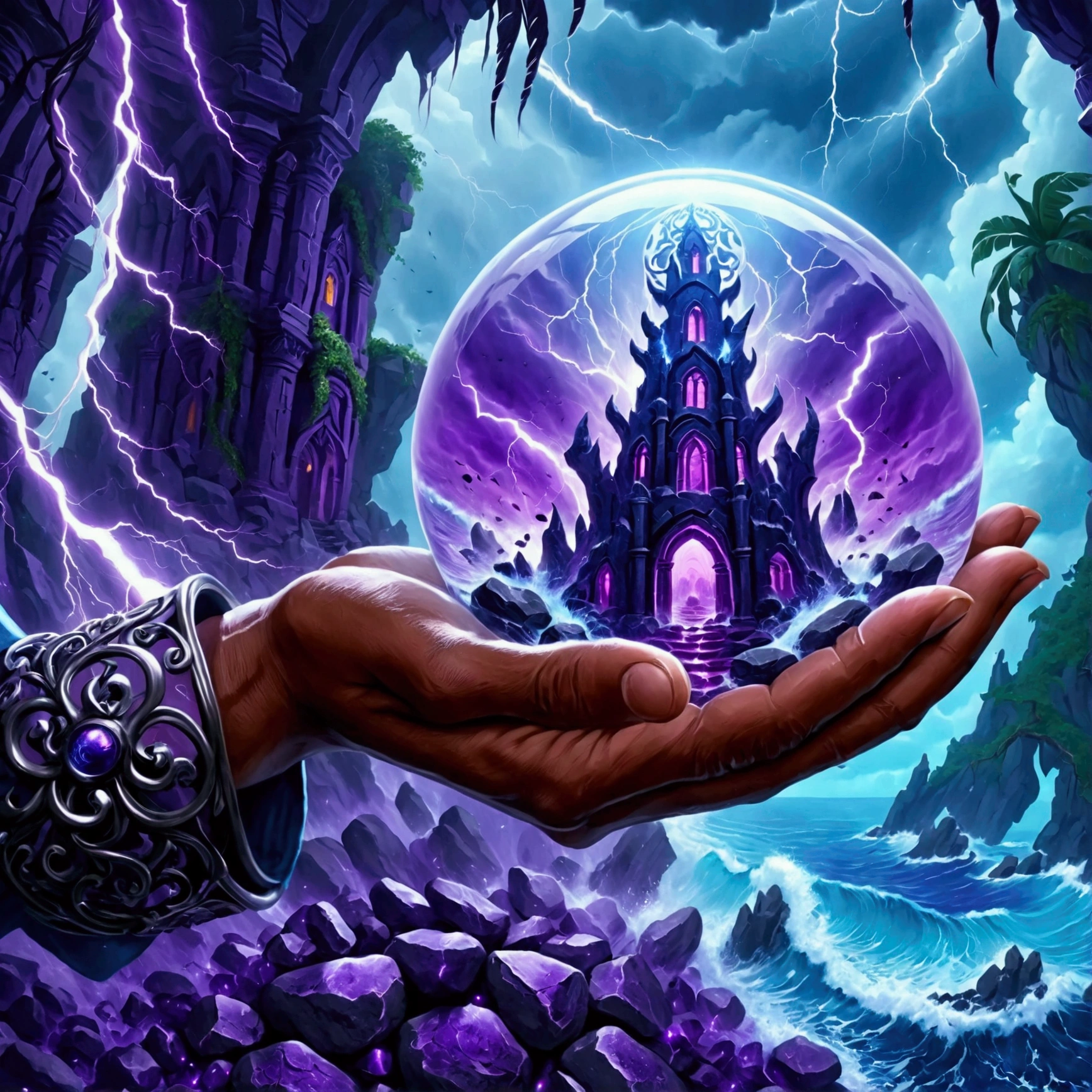 (Close-up of magic orb in gentle hands), (((within the orb is a (mysterious eerie citadel with intricate architecture:1.2) on rocks of tropical island))), crushing waves, purple-blue thunderstorm, masterpiece in maximum 16K resolution, best quality, ultra detailed, aesthetics, absurdes.