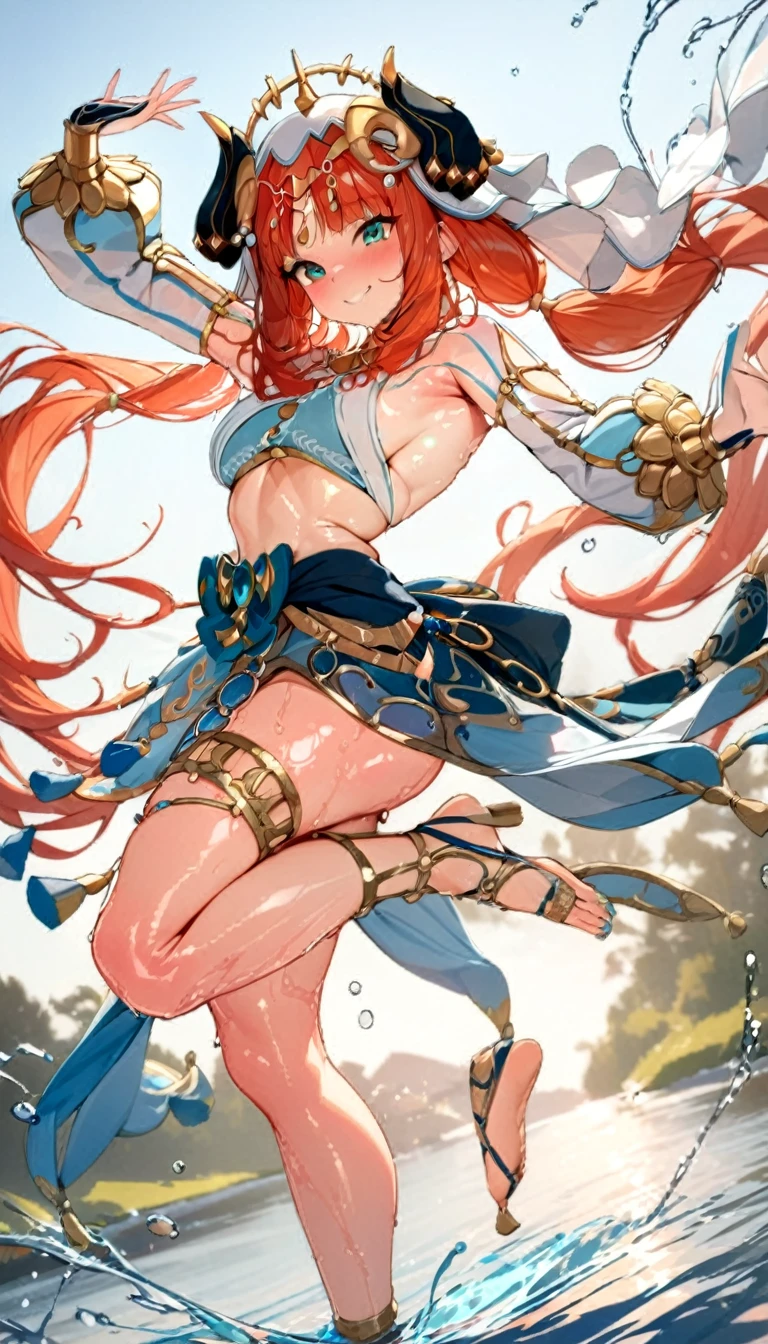 (((best quality)), ((masterpiece)), (details), masterpiece, best quality, high quality, ulutra detailed, perfect face,Shiny Hair、Glowing Skin、blush、nilou、whole body、Dancer、lake、Splash、dance、smile
