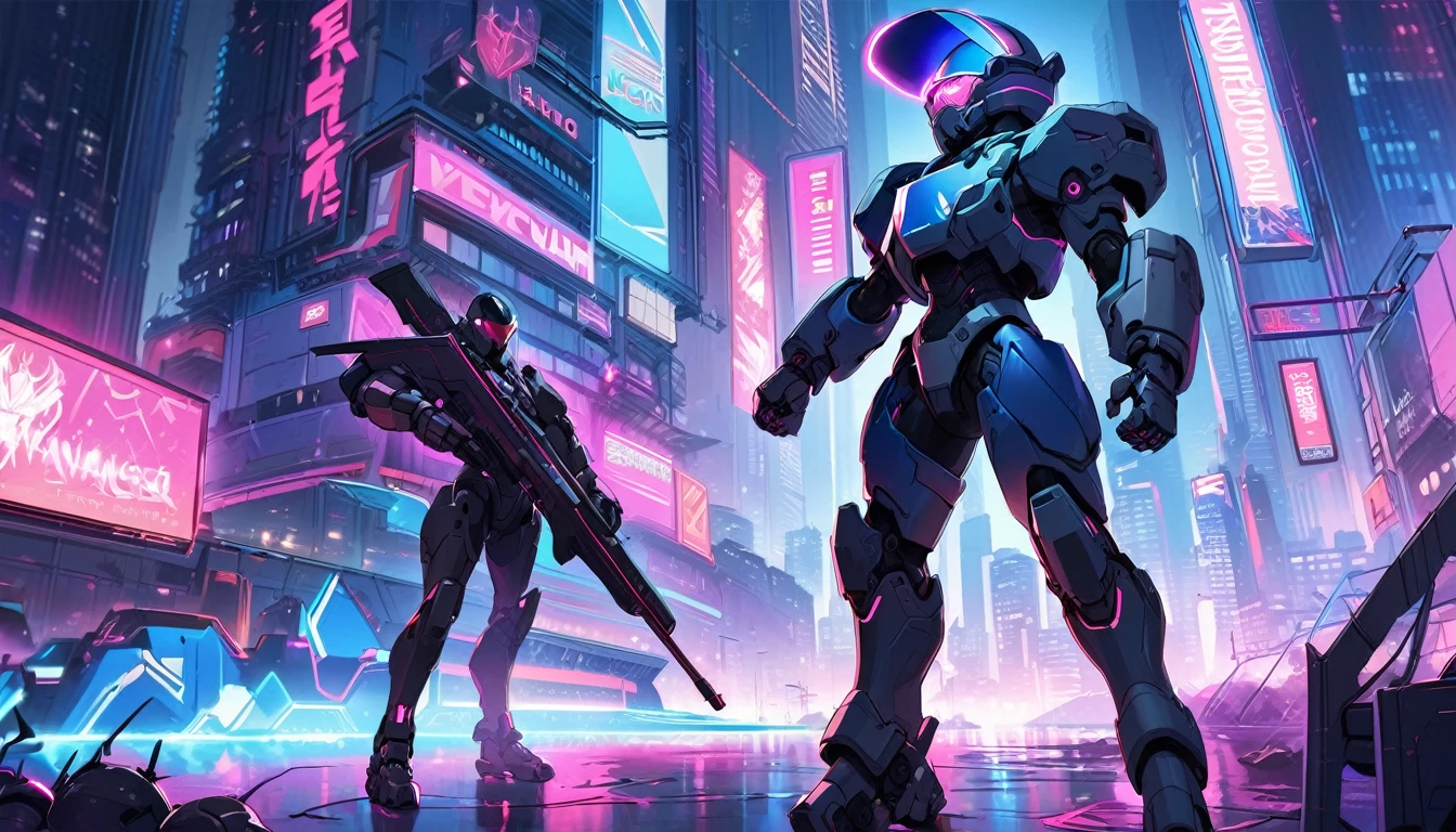 Mech suit ready for battle, Vancouver, high-quality artwork, metal armour, intense lighting, cityscape background, heroic pose, dramatic shadows, deep black suit with red neon lights, hockey helmet with blue visor, video game, blue electric fists, futuristic synth wave cyberpunk