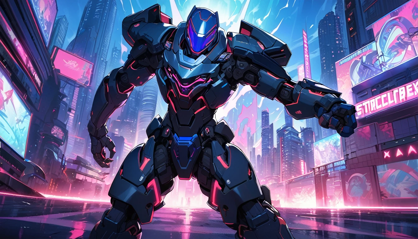 Mech suit ready for battle, Vancouver, high-quality artwork, metal armour, intense lighting, cityscape background, heroic pose, dramatic shadows, deep black suit with red neon lights, hockey helmet with blue visor, video game, blue electric fists, futuristic synth wave cyberpunk